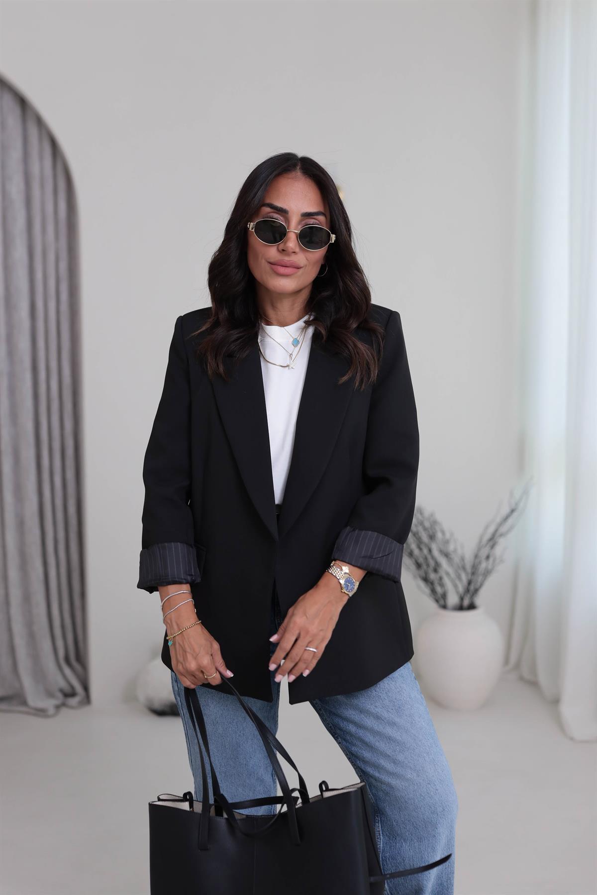 7560 Kol Katlamalı Cep Detaylı Astarlı Ceket SİYAH