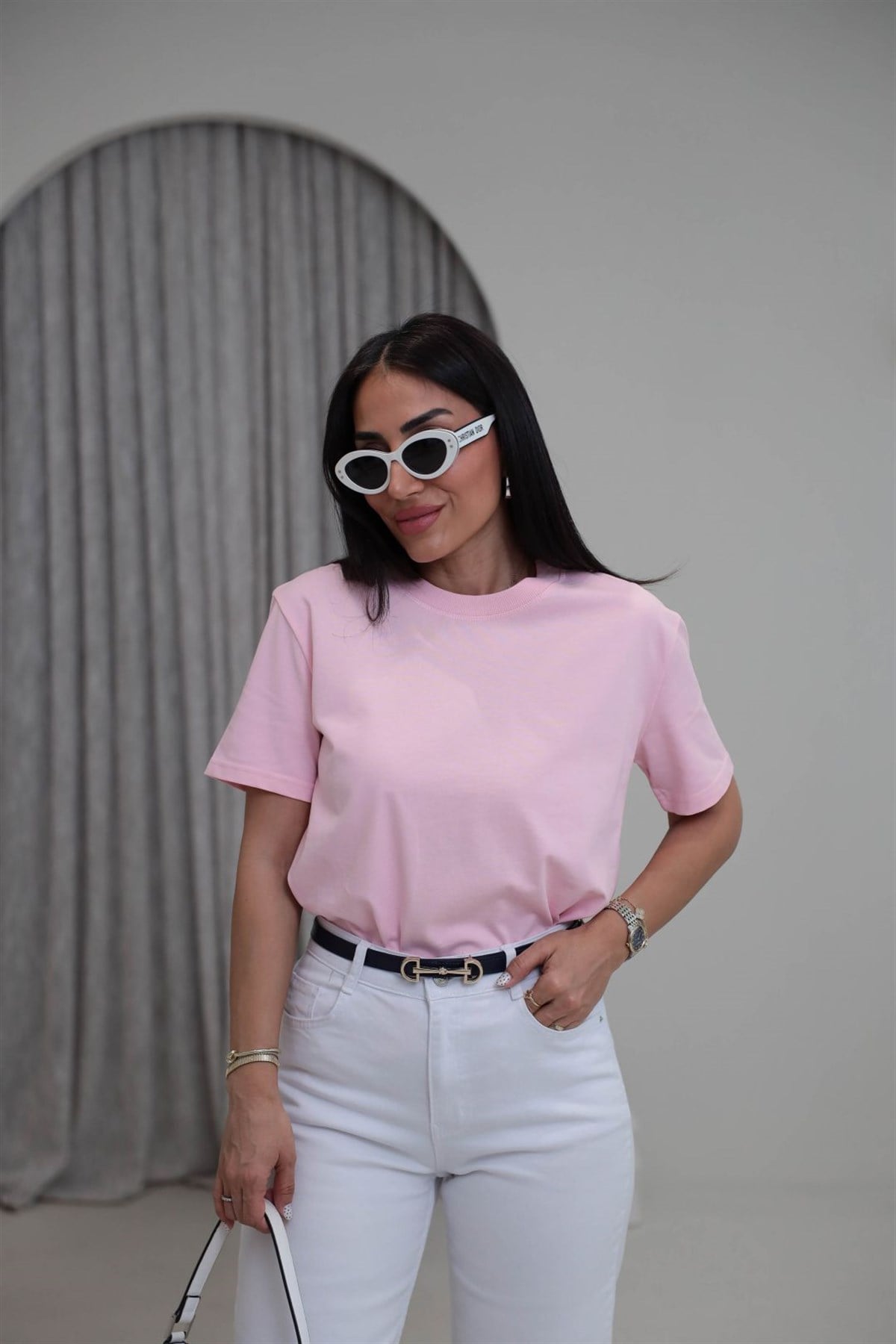 0312 Dekoratif Dikişli Pamuklu Tshirt PEMBE