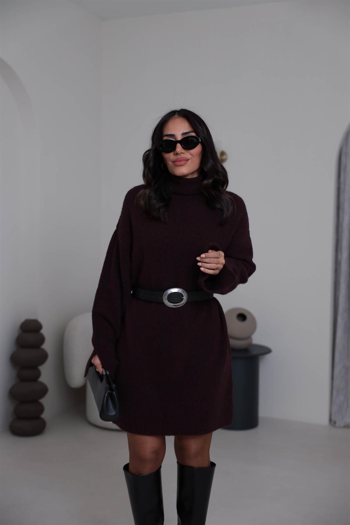 90265 Balıkçı Yaka Yumoş Triko Elbise BORDO