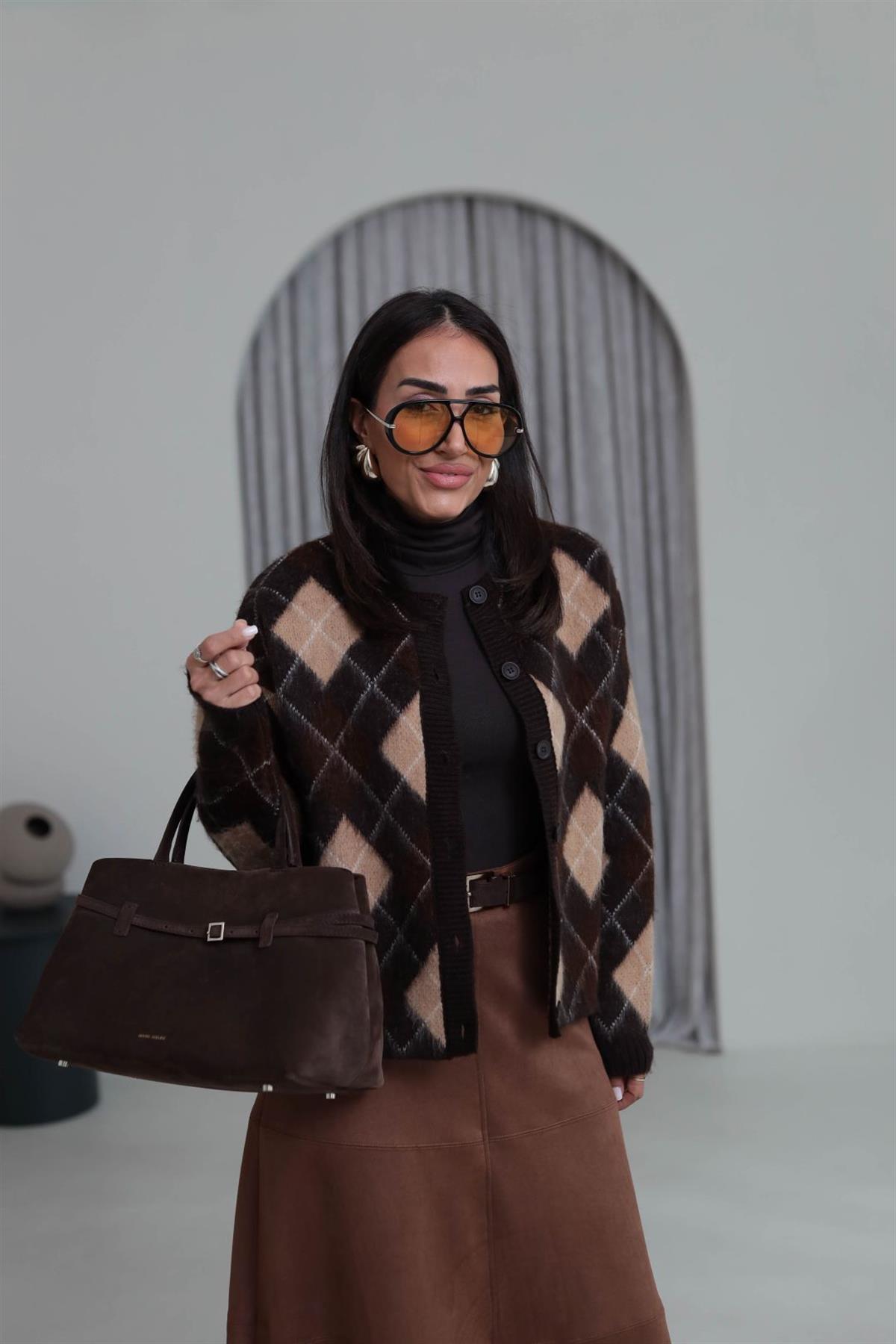 6902 Bisiklet Yaka Baklava Desen Hırka KAHVE