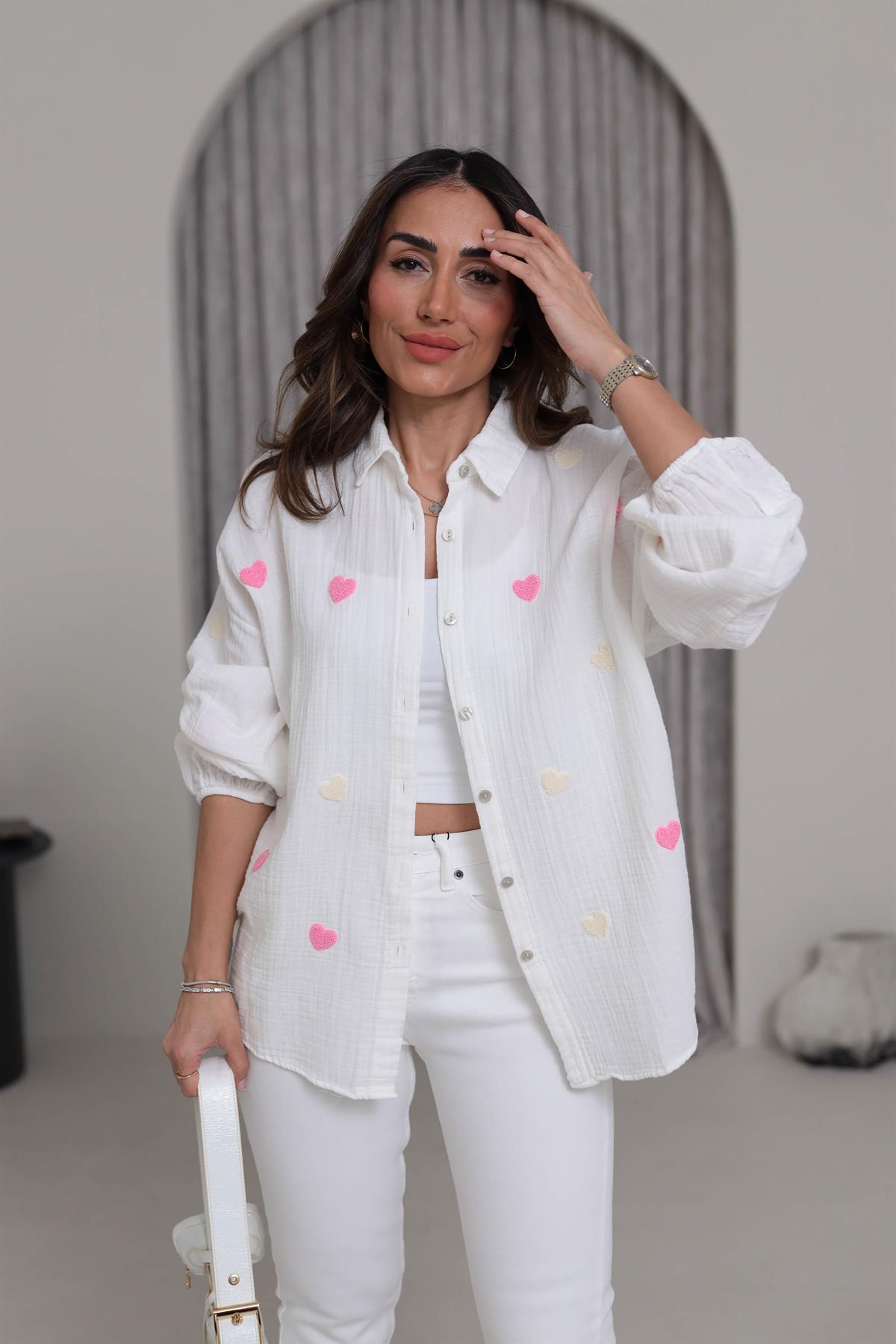 7930 Kalpli Kol Lastikli Müslin Kumaş Gömlek EKRU