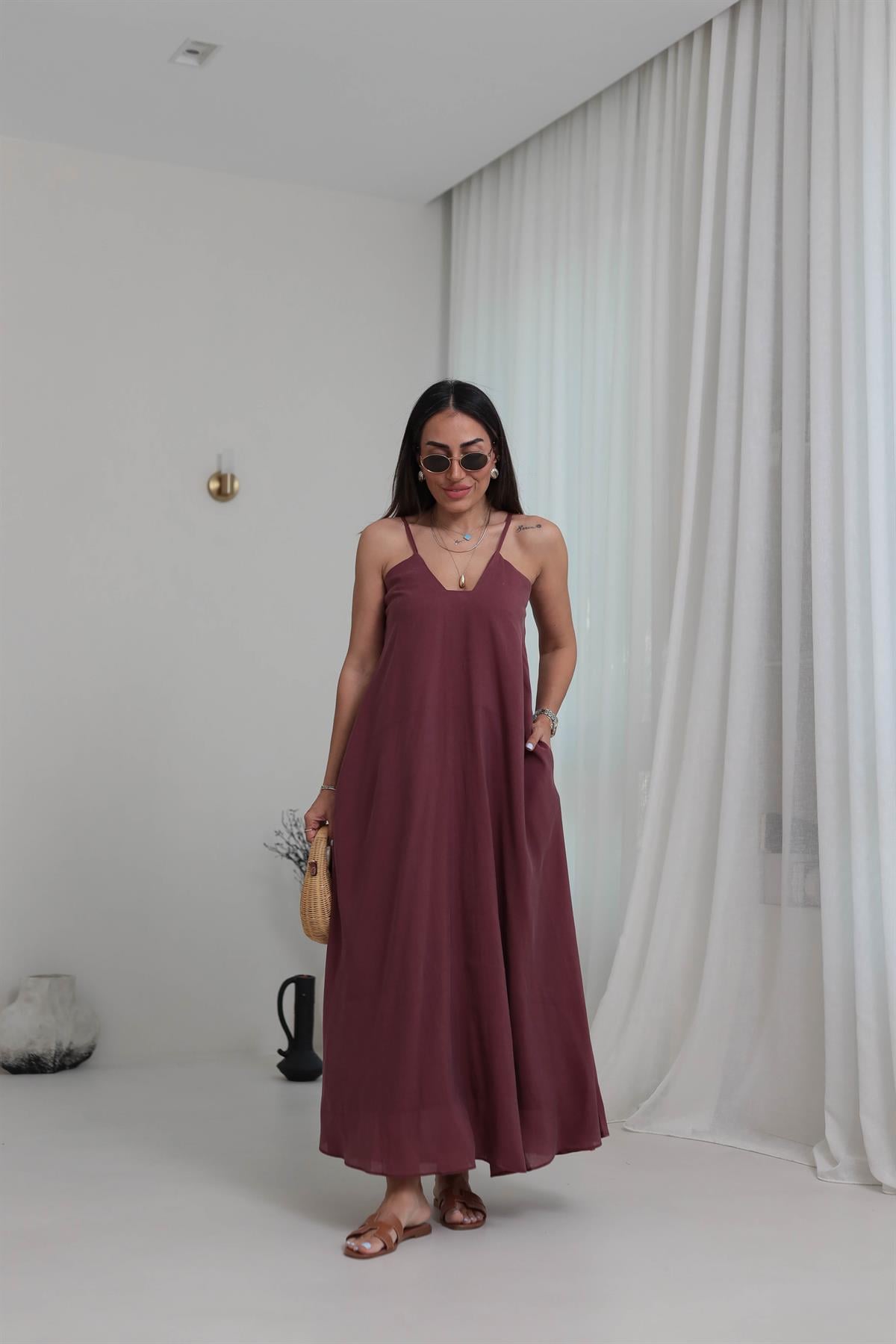 3227 Askılı Kare Yaka Maxi Tencel Elbise BORDO