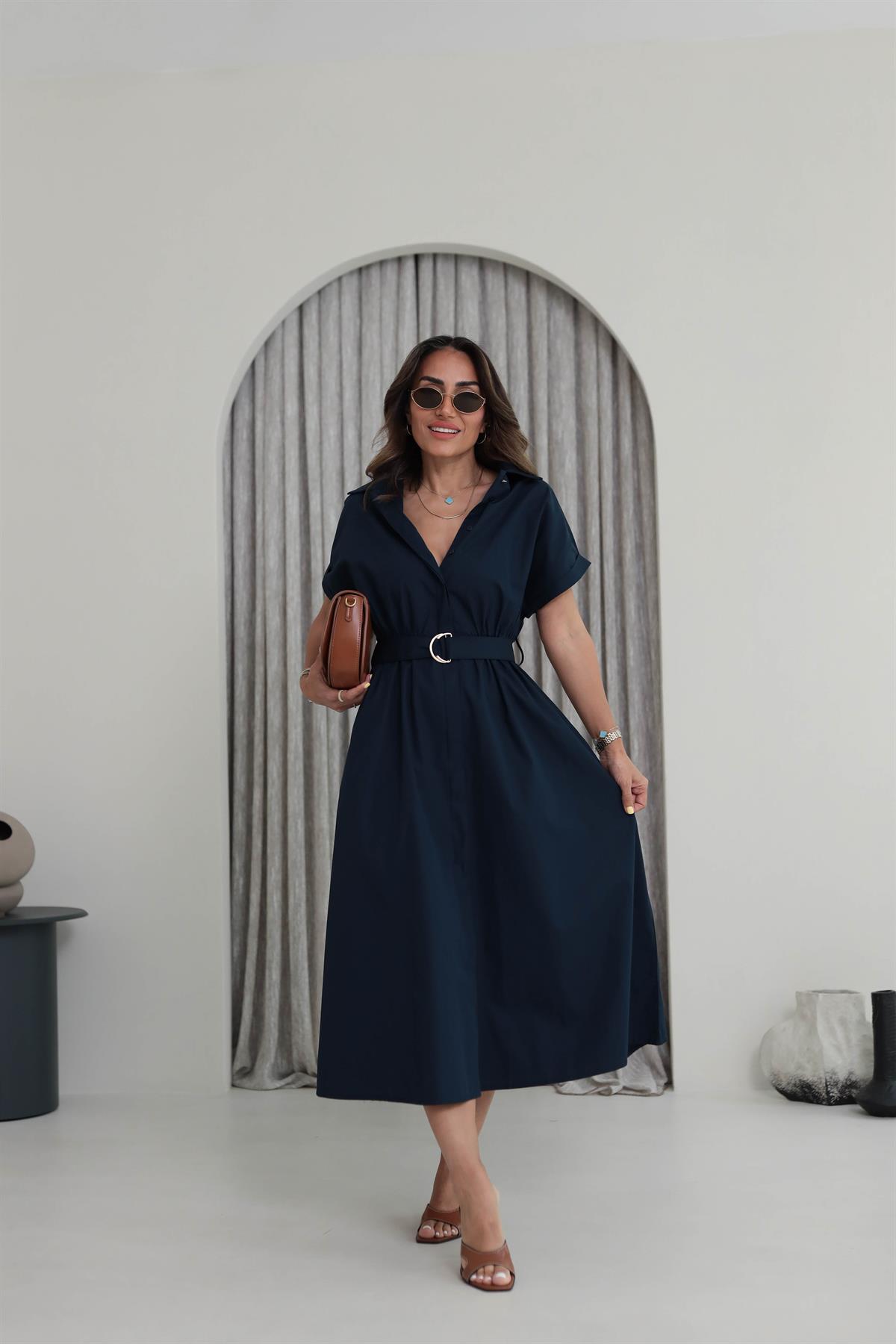 02075 Kısa Kol Kemerli Gömlek Elbise LACİVERT