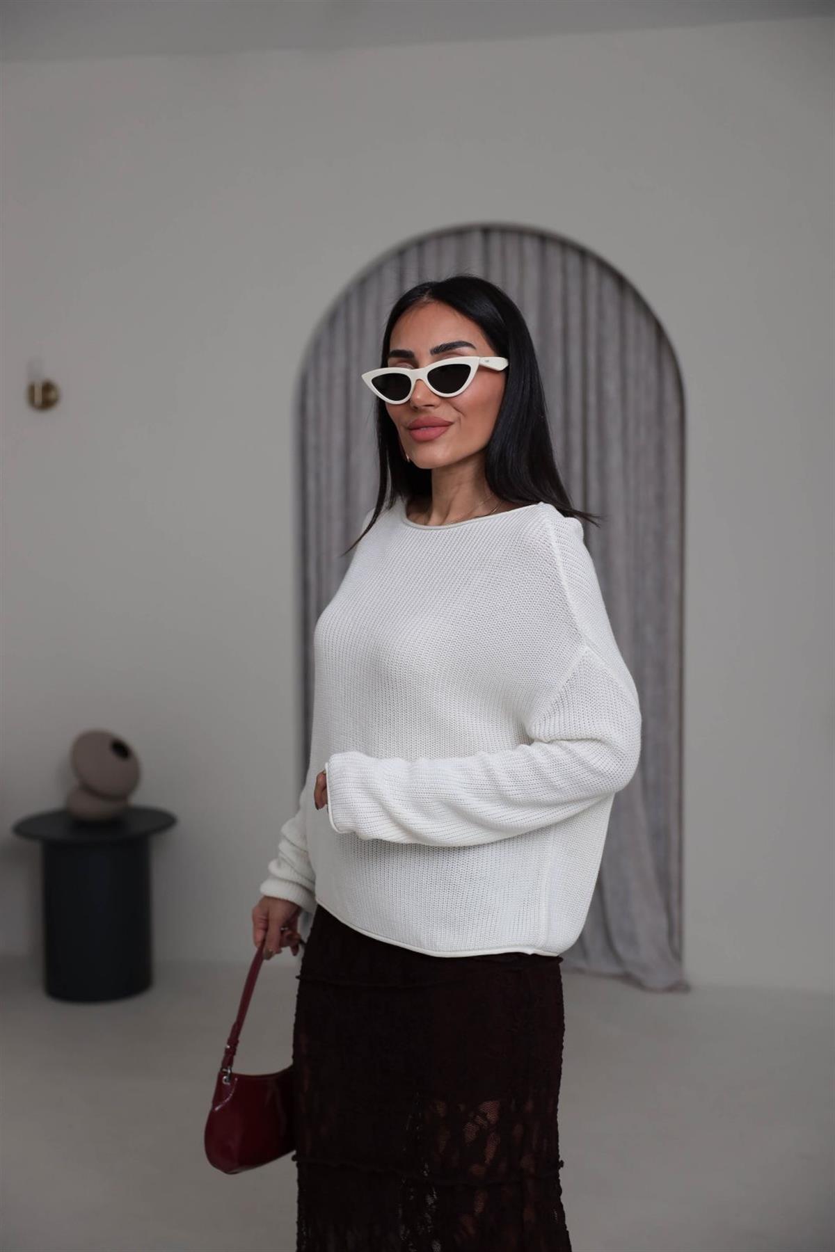 0804 Kayık Yaka Basic Triko Kazak EKRU