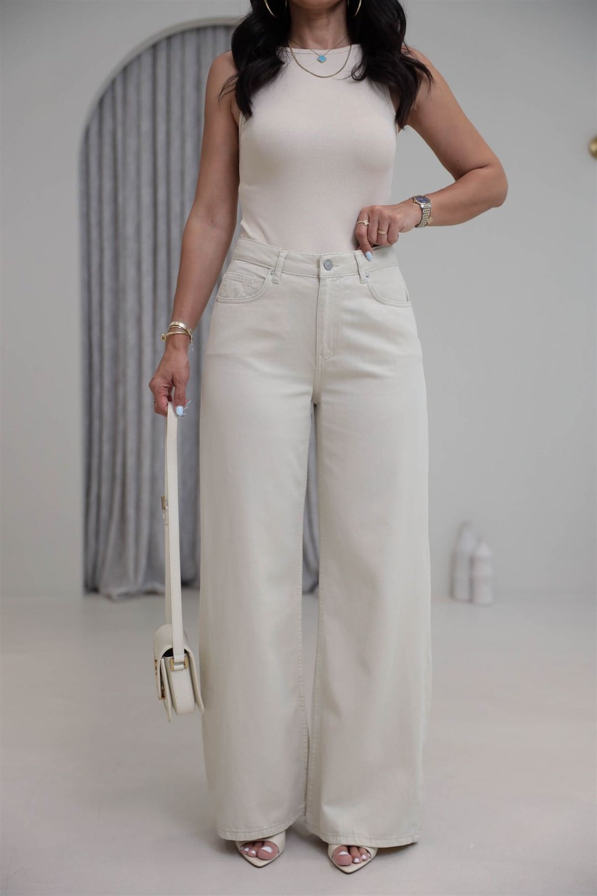2323 Yüksek Bel Tencel Kumaş Wide Leg Pantolon KREM