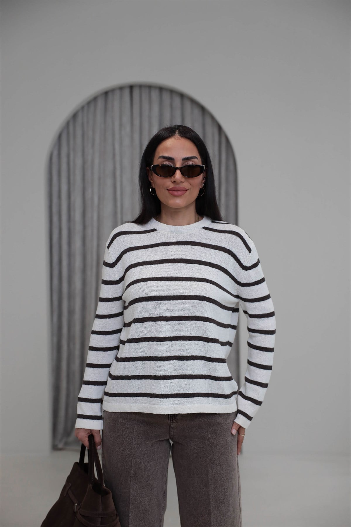 1032 Çizgili Triko Bluz EKRU