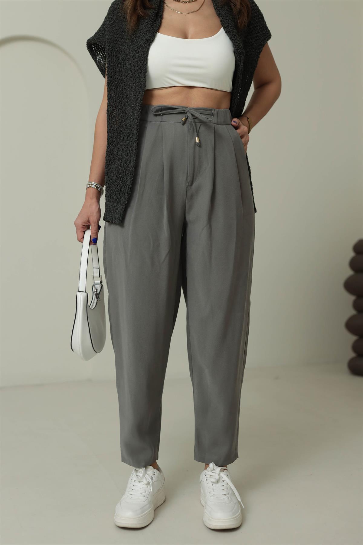 0266 Önden Bağcıklı Tencel Kumaş Havuç Pantalon HAKİ YEŞİL