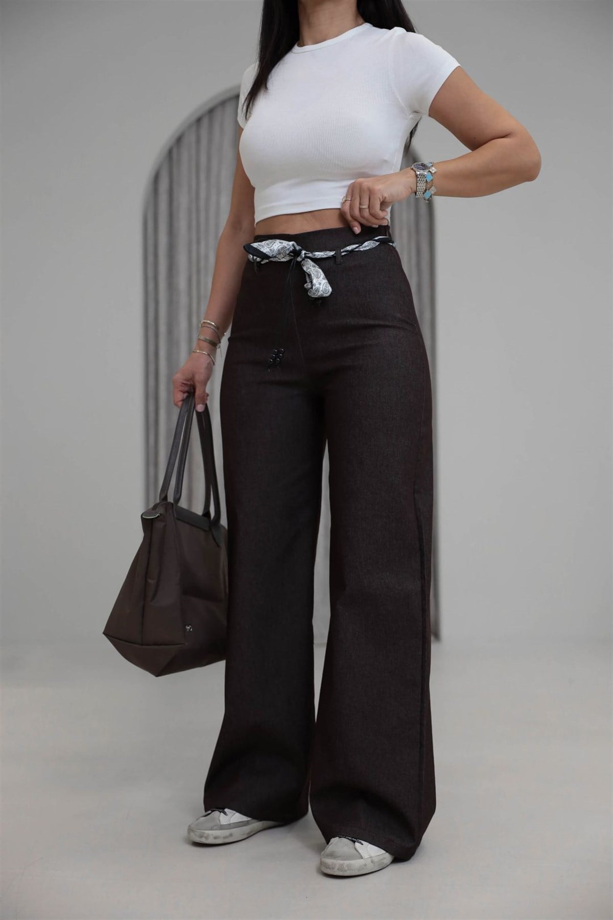 1770 Fularlı Full Likralı Bol Kalıp Pantolon KAHVE