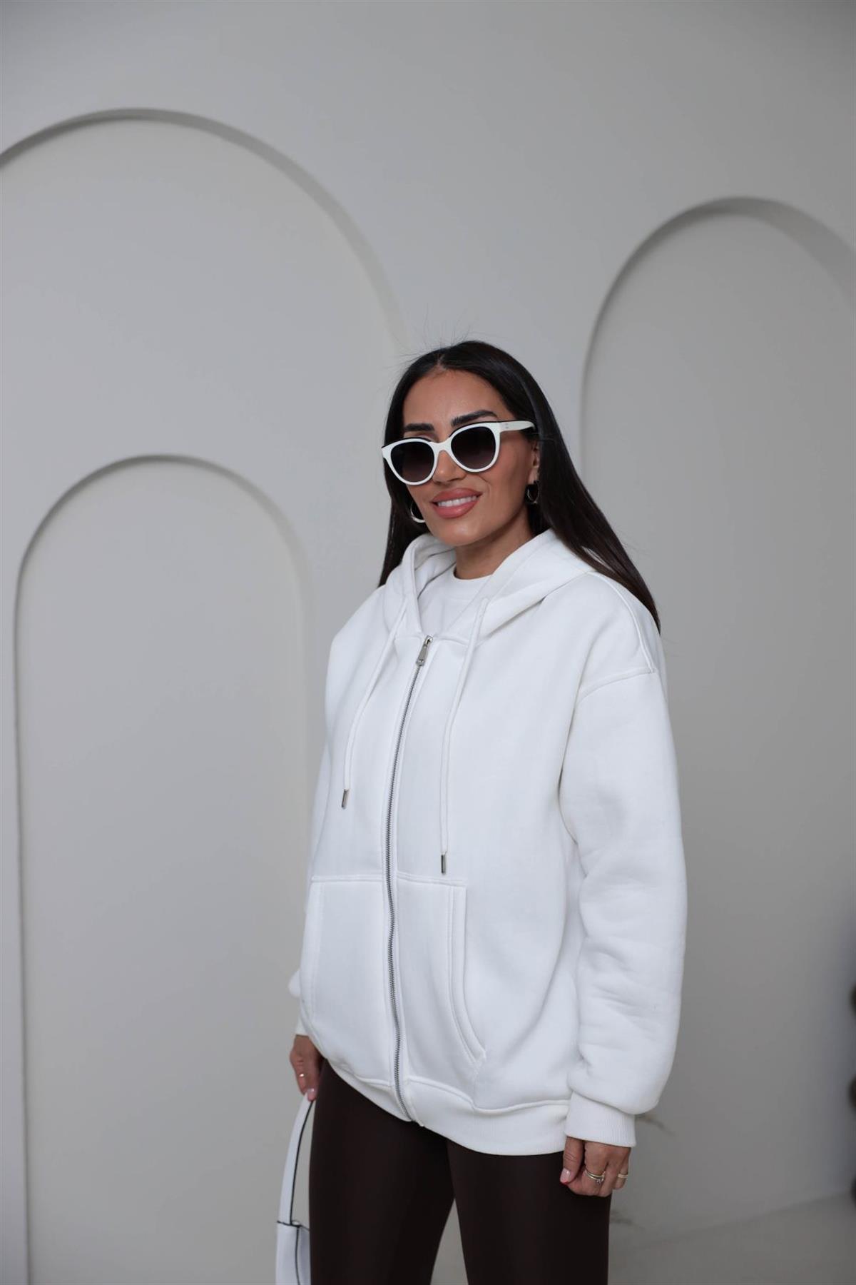 1003 3 İplik Şardonlu Kapşonlu Fermuarlı Ceket EKRU