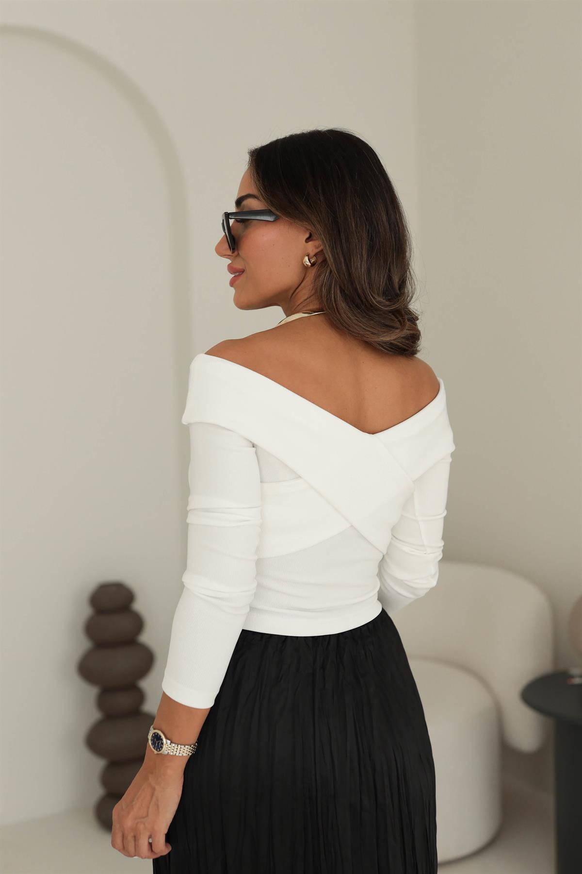 9184 Ottoman Kumaş Çapraz Detay Bluz BEYAZ