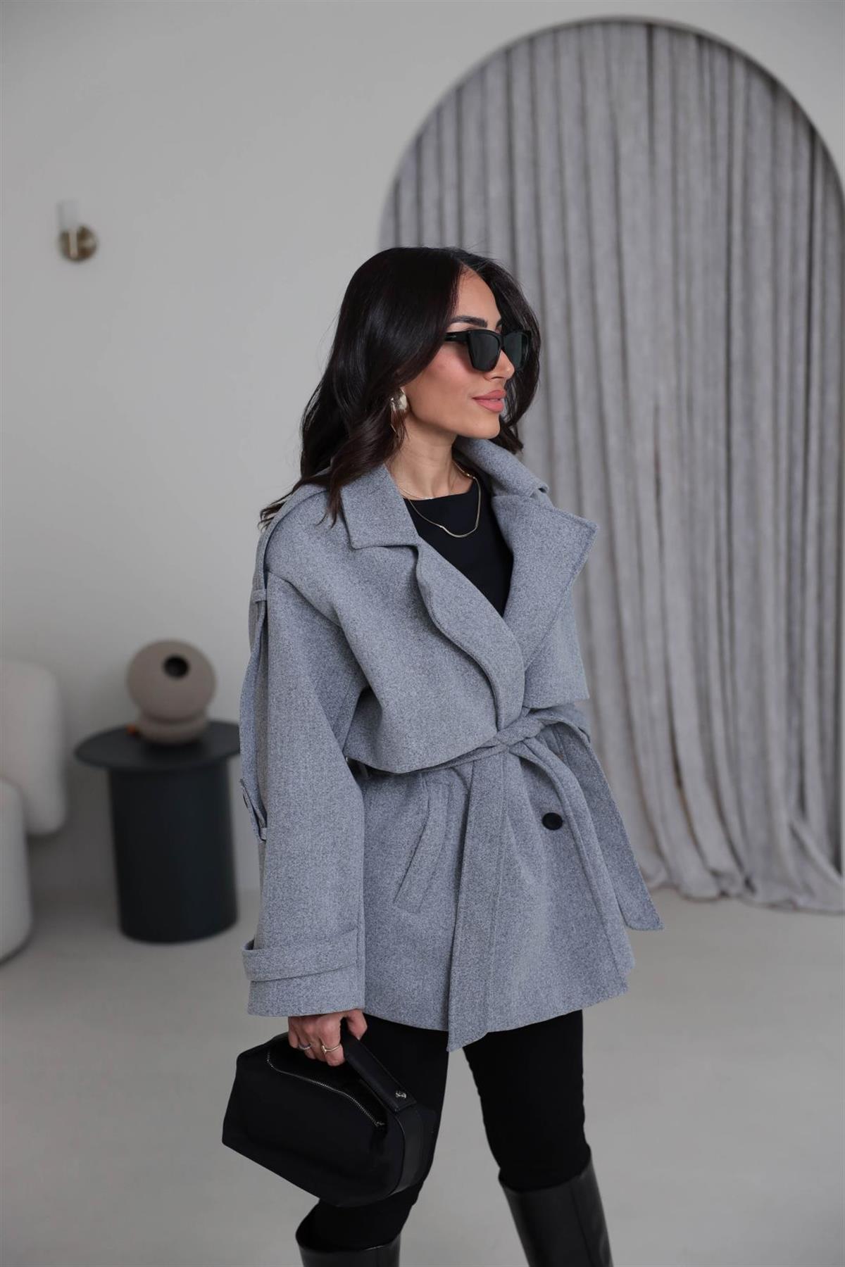 9669 Kuşaklı Oversize Premium Kaşe Ceket GRİ