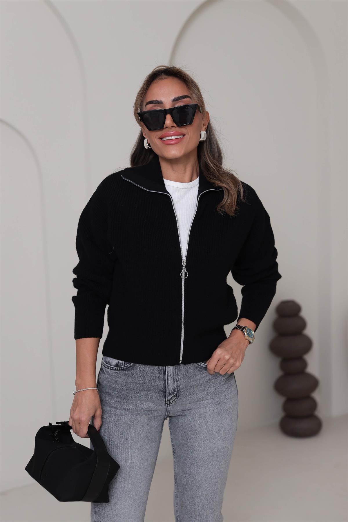 1054 Fermuarlı Yakalı Hırka SİYAH