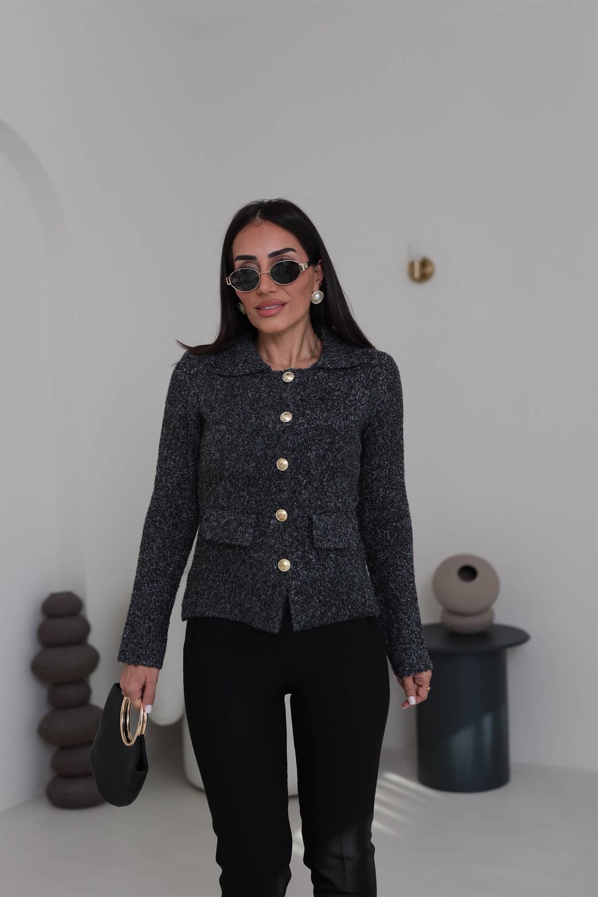 0265 Polo Yaka Düğmeli Cep Detaylı Triko Hırka ANTRASİT