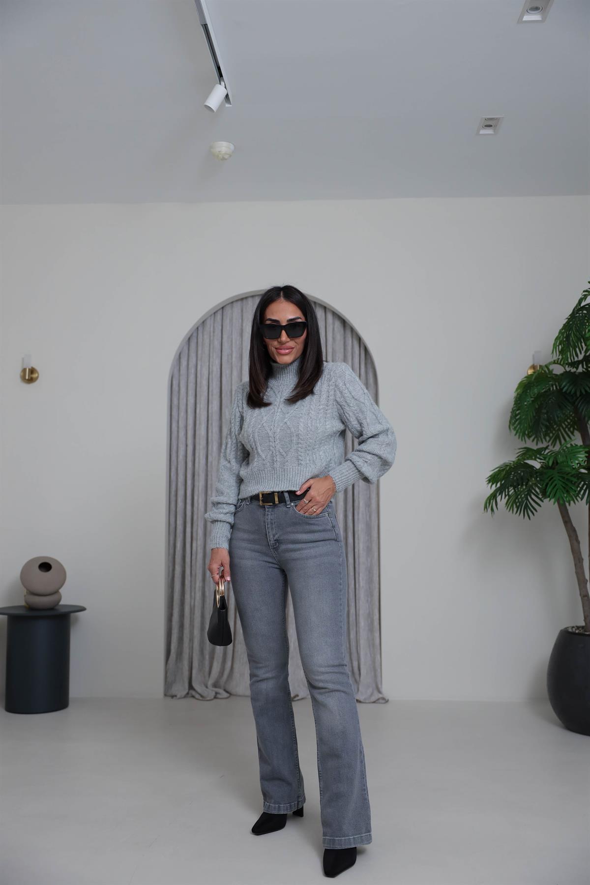 2549 Balıkçı Yaka Örgü Desen Kazak GRİ