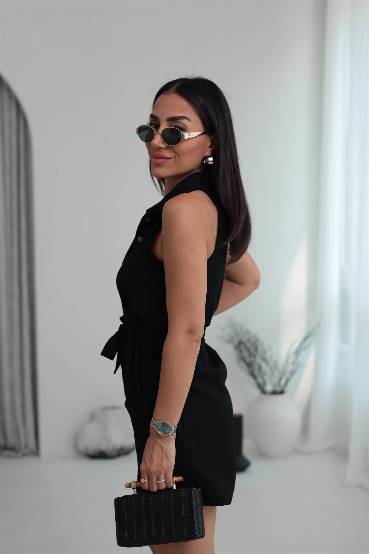 3791 Sıfır Kol Gömlek Yaka Şort Tulum SİYAH