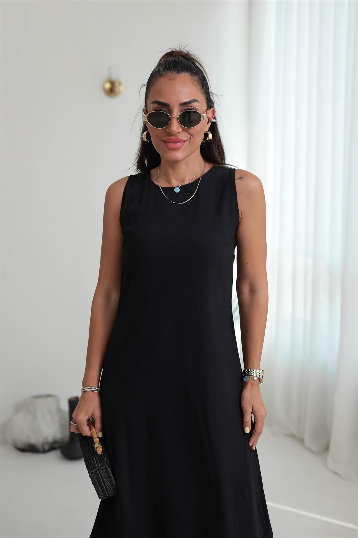 7633 Kolsuz Tiril Elbise SİYAH