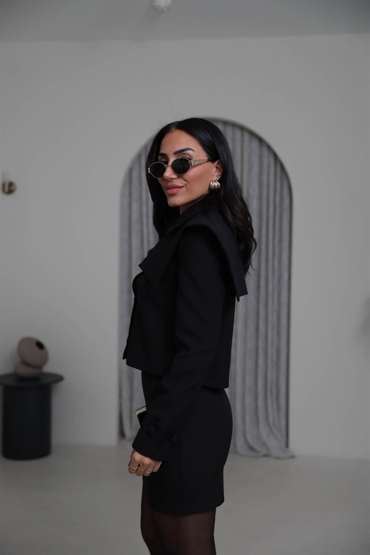 8945 Yaka Detay Ceketli Etekli Takım SİYAH