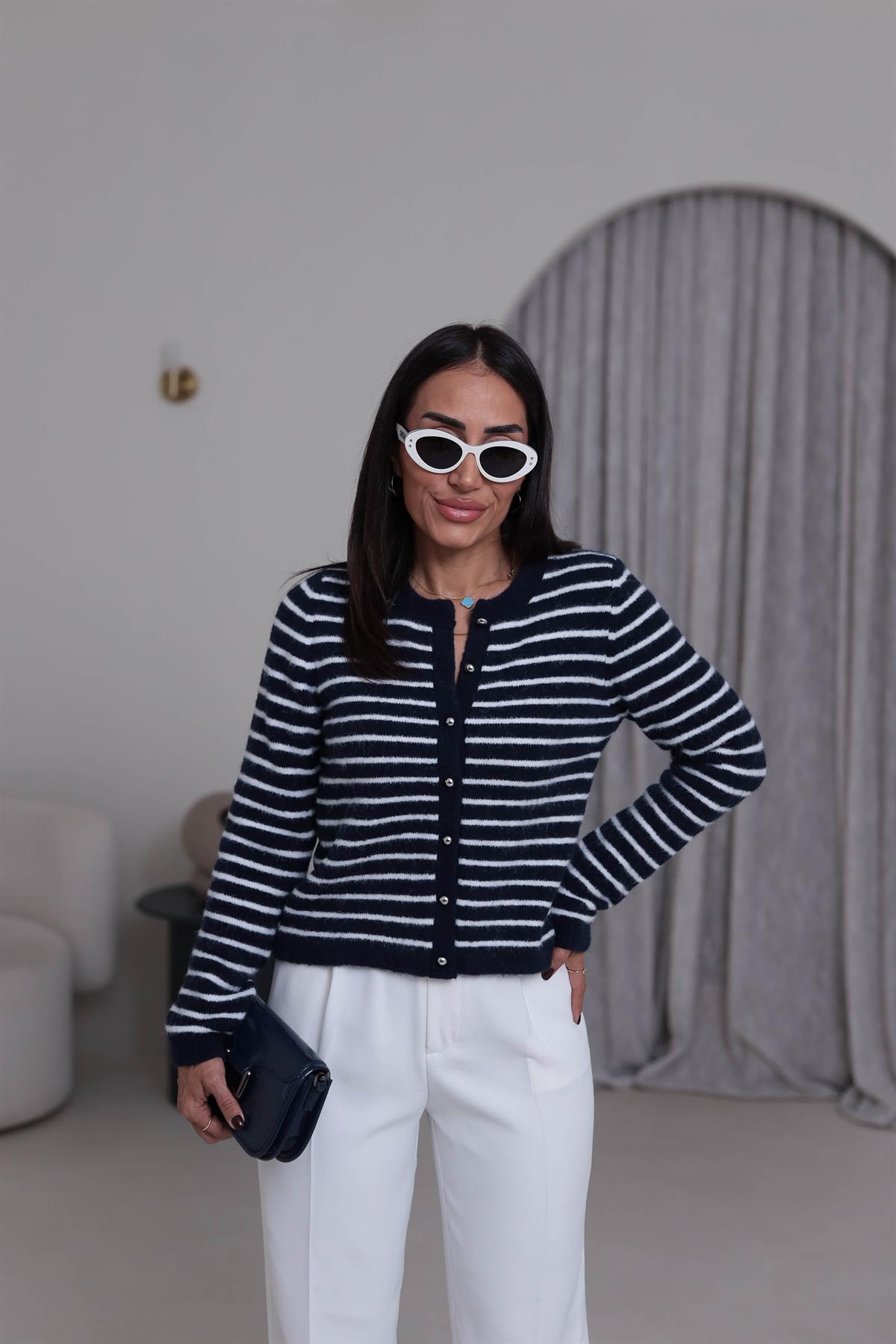 4870 Çizgili Şardonlu Bisiklet Yaka Hırka LACİVERT