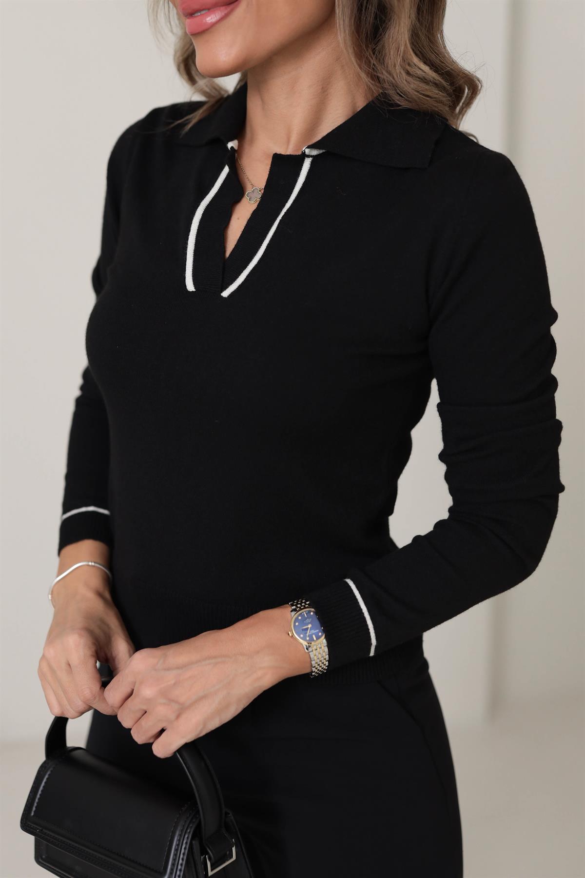 4580 Polo Yaka Renk Biyeli İpek Triko SİYAH