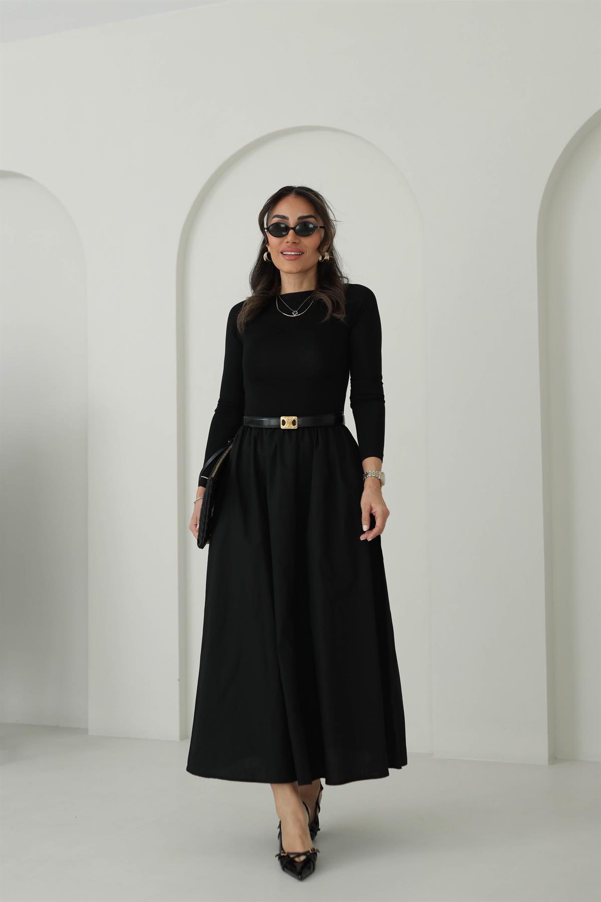 2062 Penye Detaylı Parçalı Poplin Elbise SİYAH