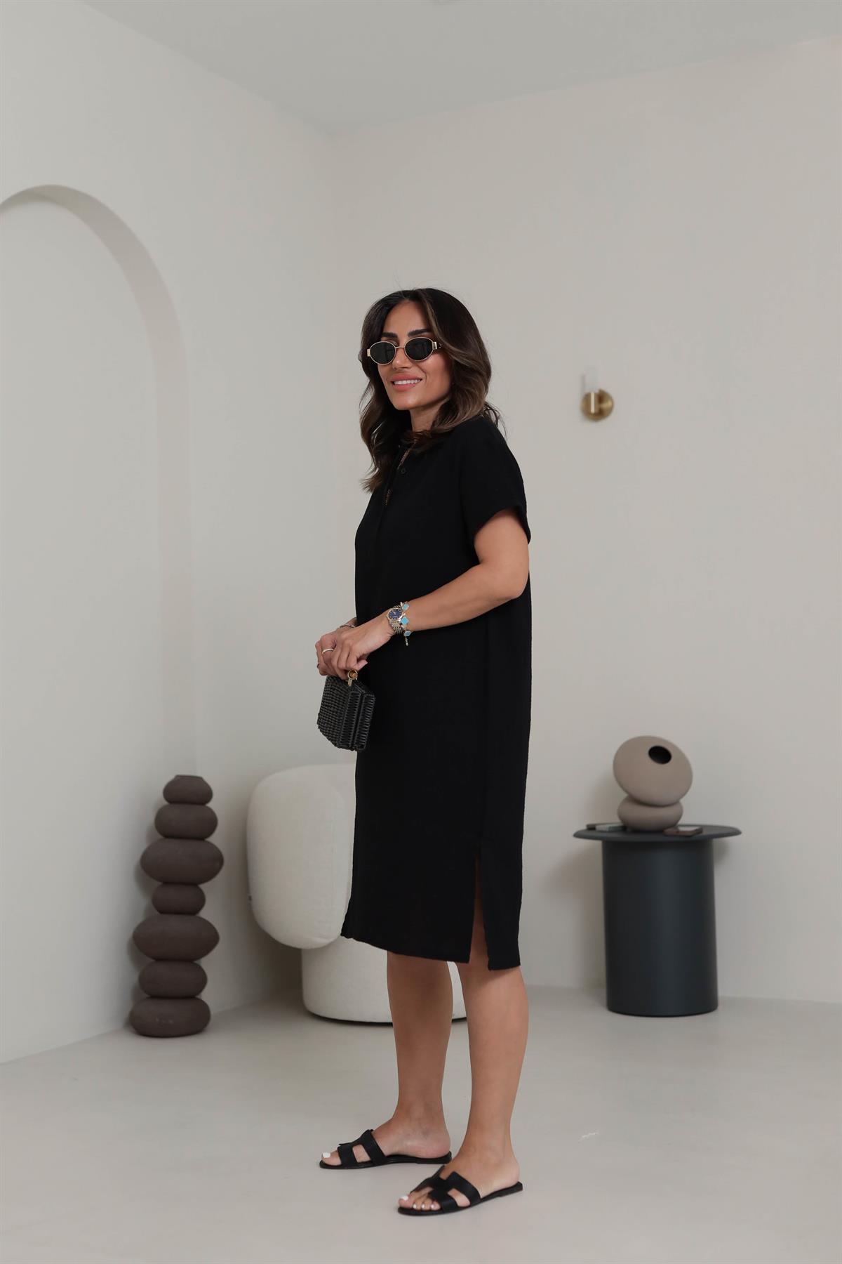 70222 Müslin Kısa Kollu Elbise SİYAH