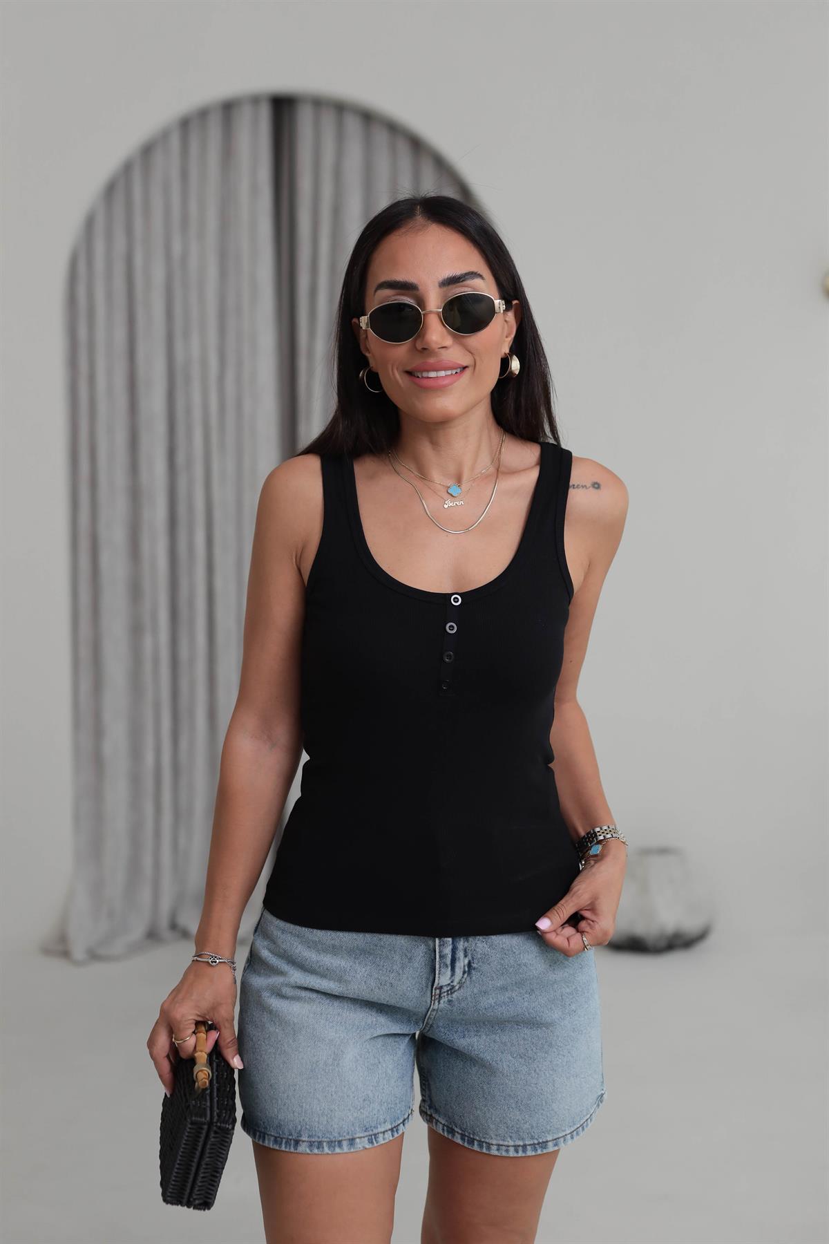 6427 Yarım Düğmeli Pamuklu Atlet SİYAH