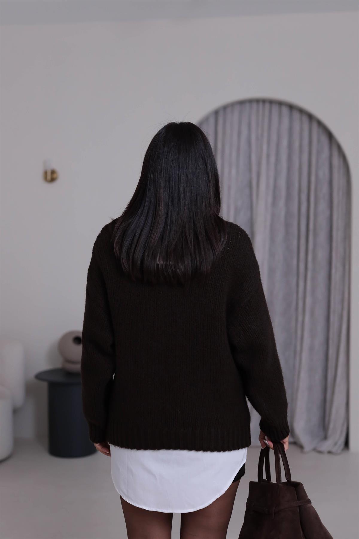 1091 Kalın Örgü Bisiklet Yaka Kazak ACI KAHVE