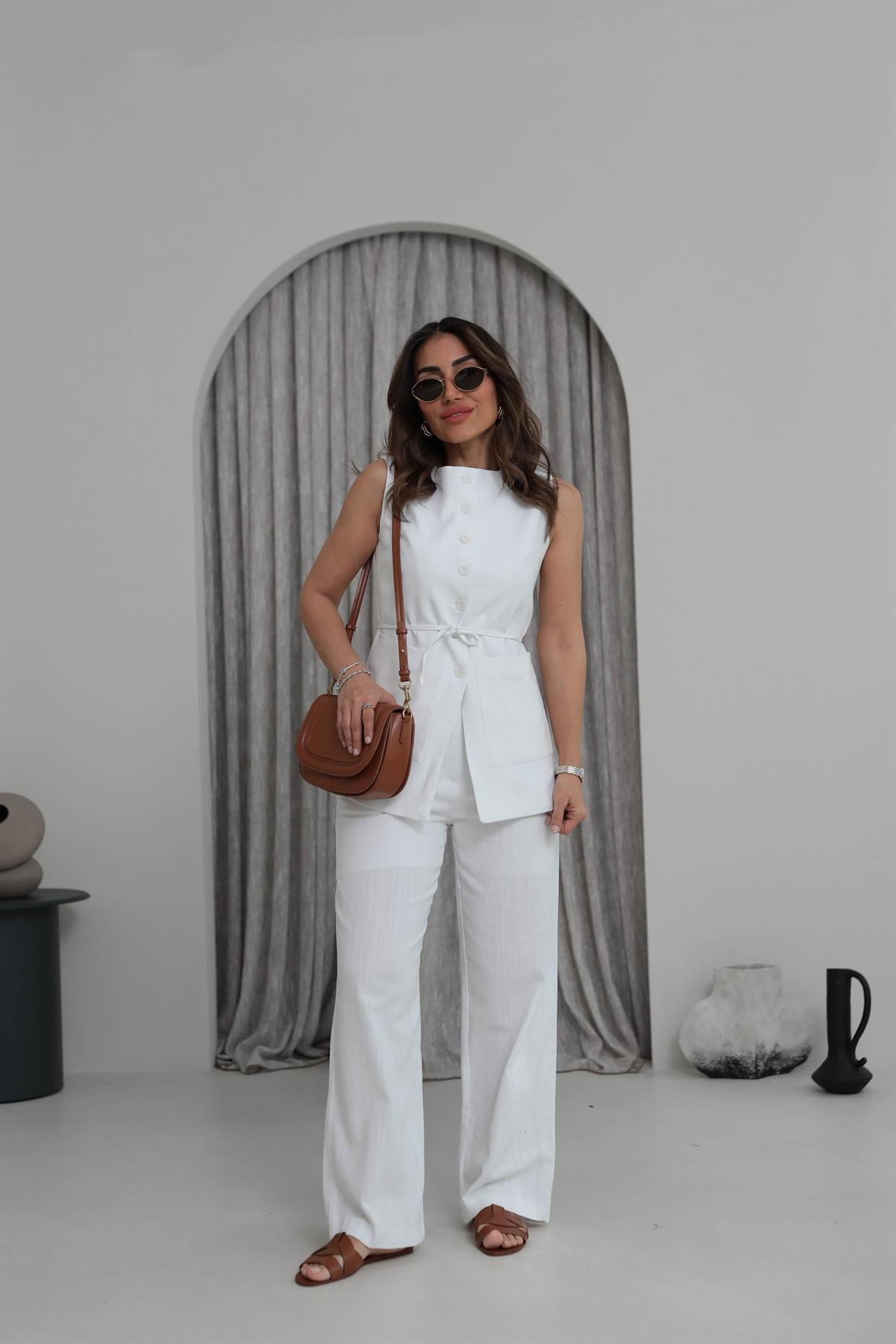 8602 Çift Cepli Keten Yelek Takım BEYAZ