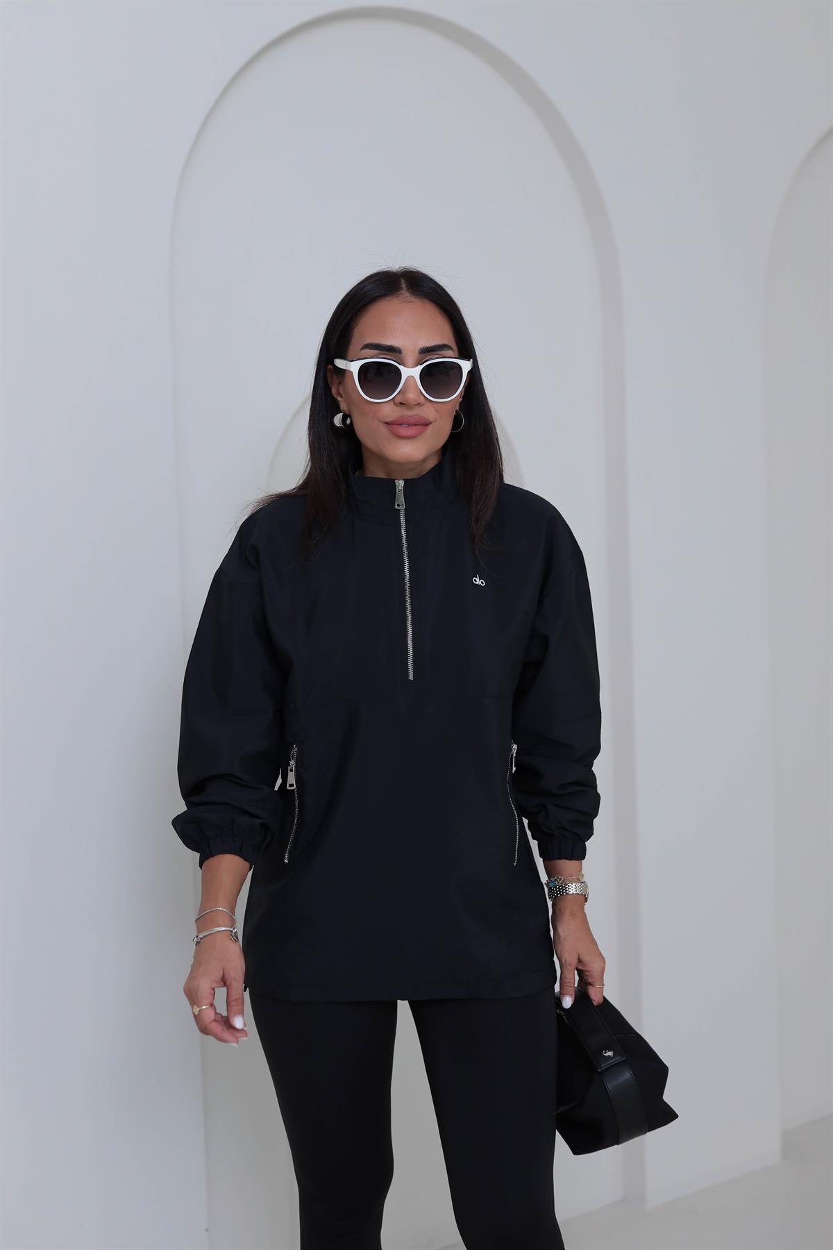 2120 Yazı Baskılı Rahat Paraşüt Sweatshirt SİYAH