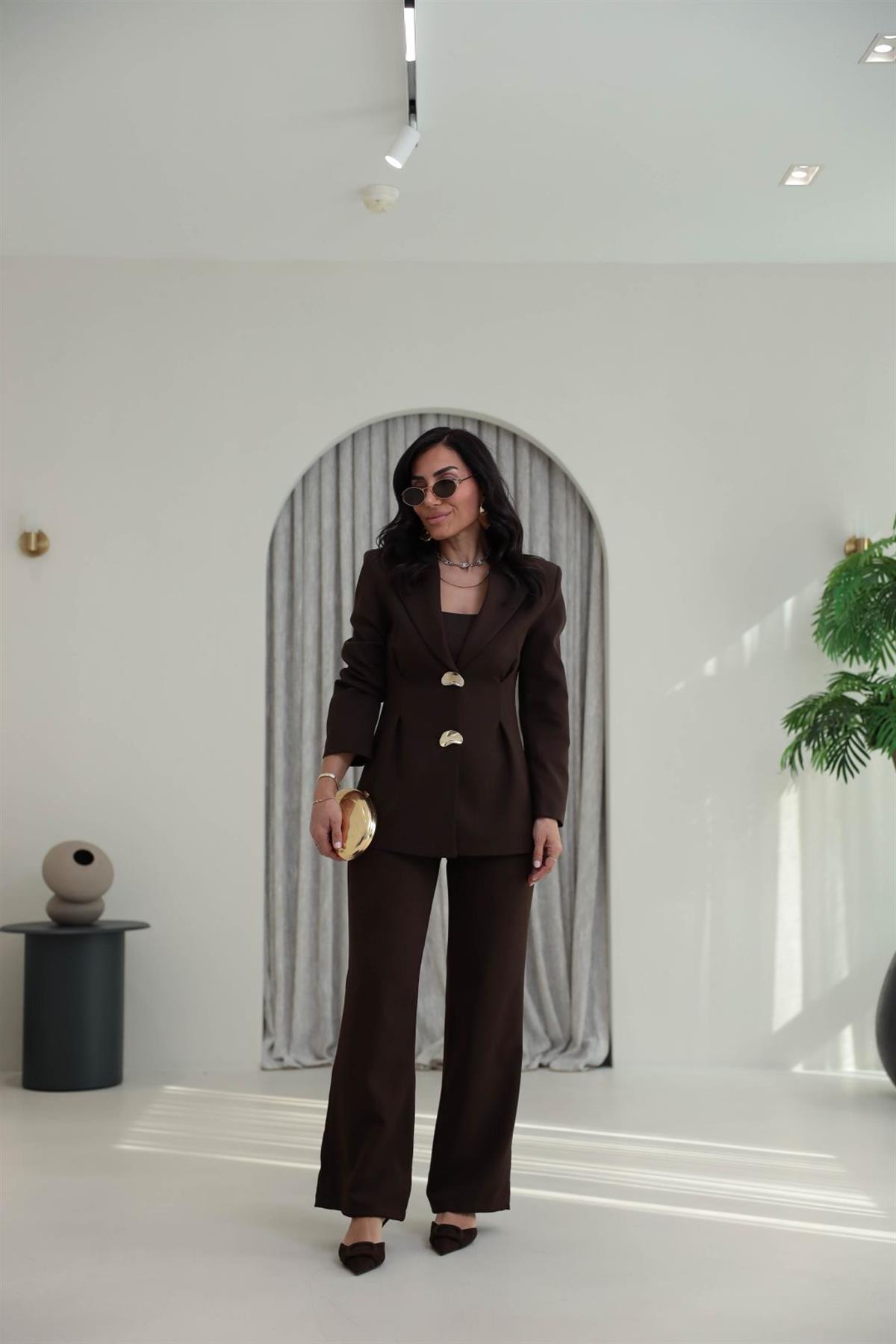 9201 Gold Düğmeli Ceket ve Pantolonlu Takım KAHVE