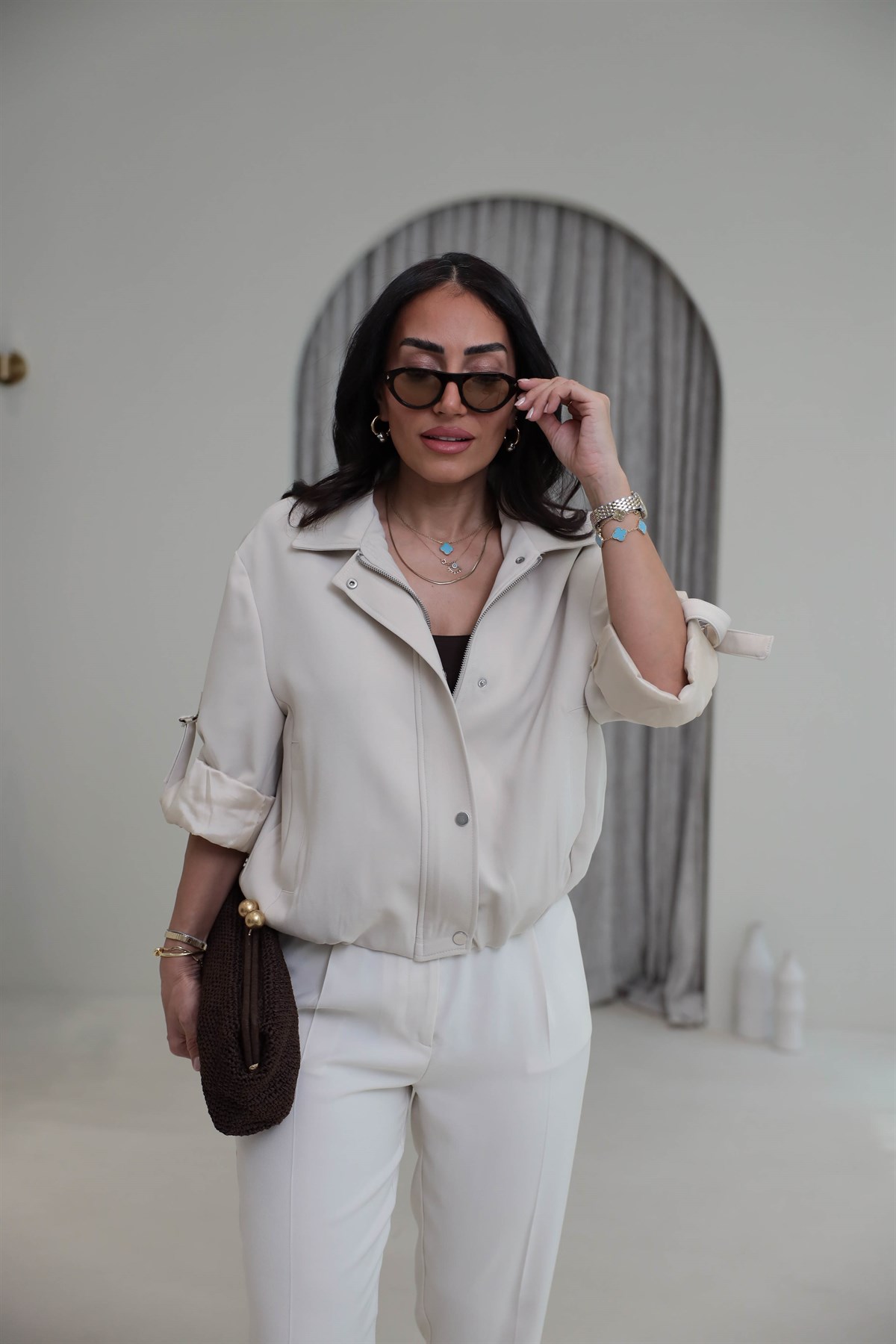 6341 Kolu Katlamalı Fermuarlı Çıtçıtlı Ceket TAŞ