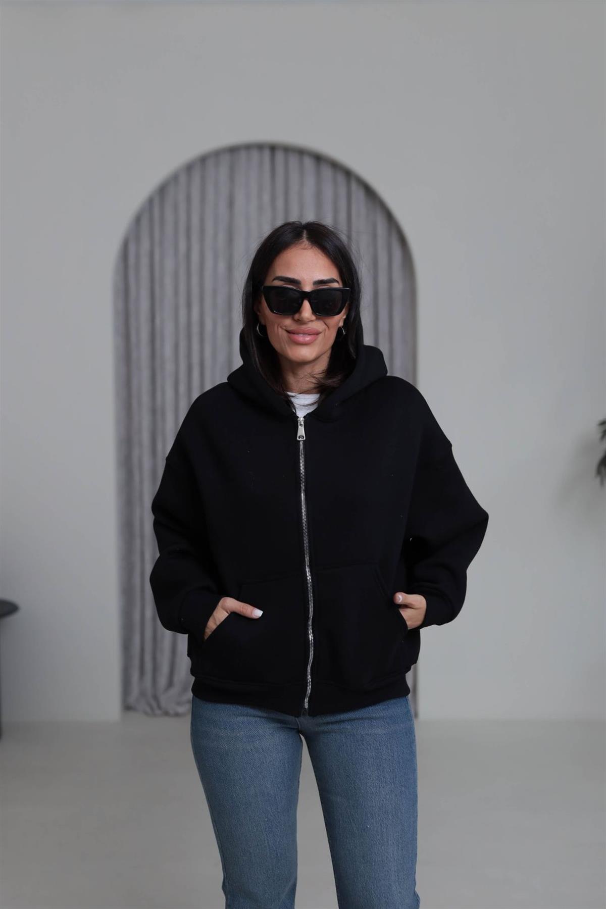 0822 Kapüşonlu Fermuarlı Şardonlu Sweatshirt SİYAH