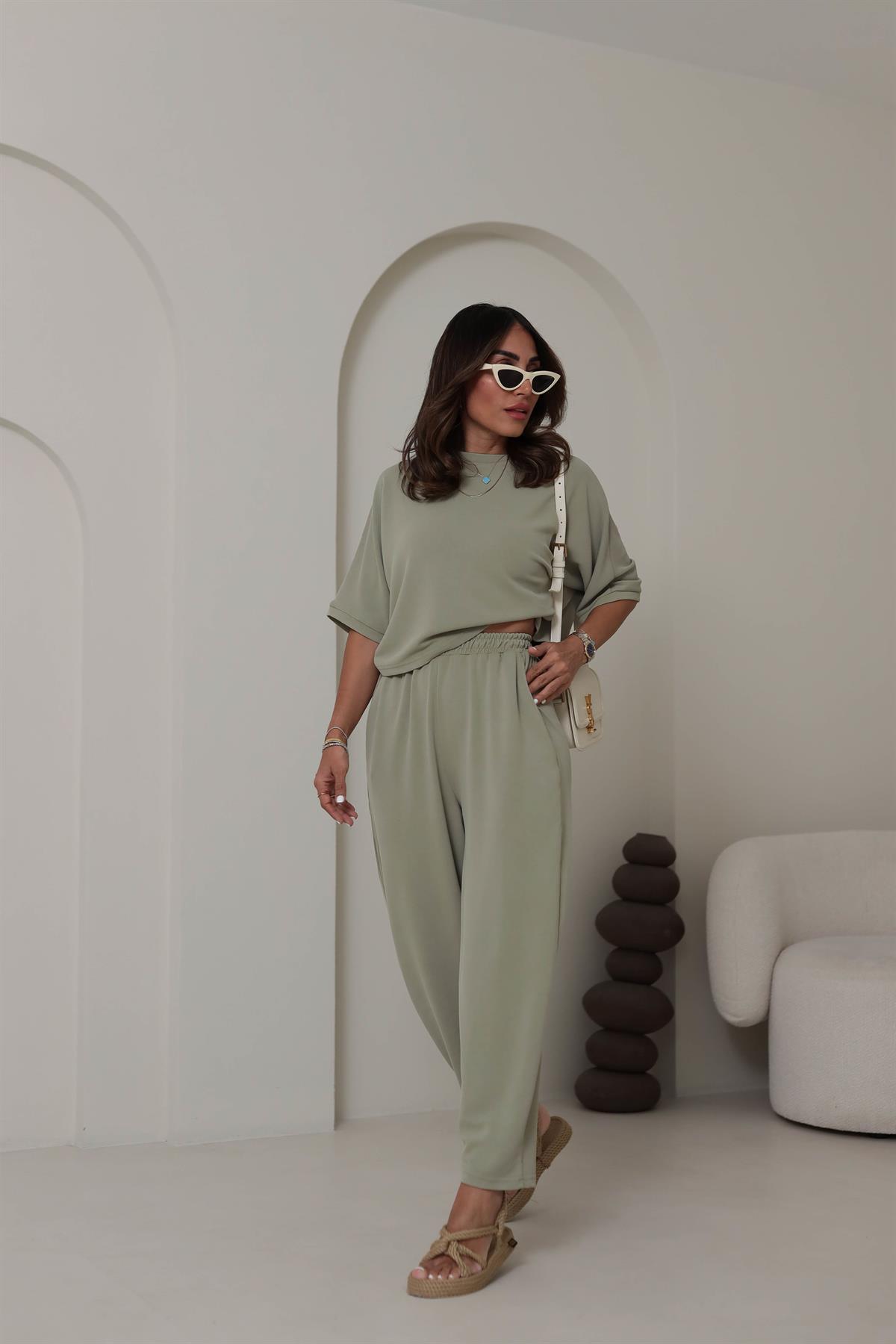 8559 Modal Kumaş Dökümlü Takım HAKİ YEŞİL