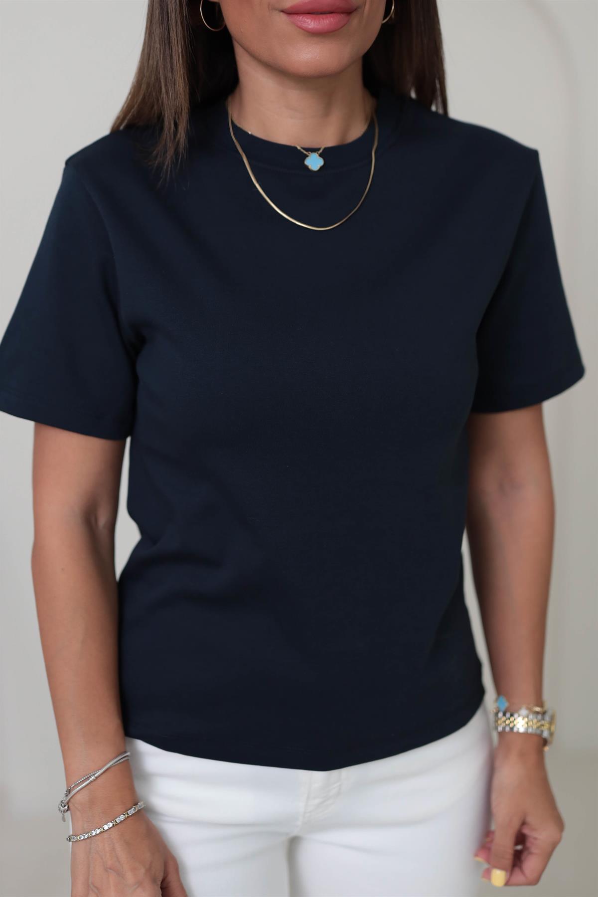 1075 Bisiklet Yaka Pamuklu Basic Tshirt KOYU LACİ