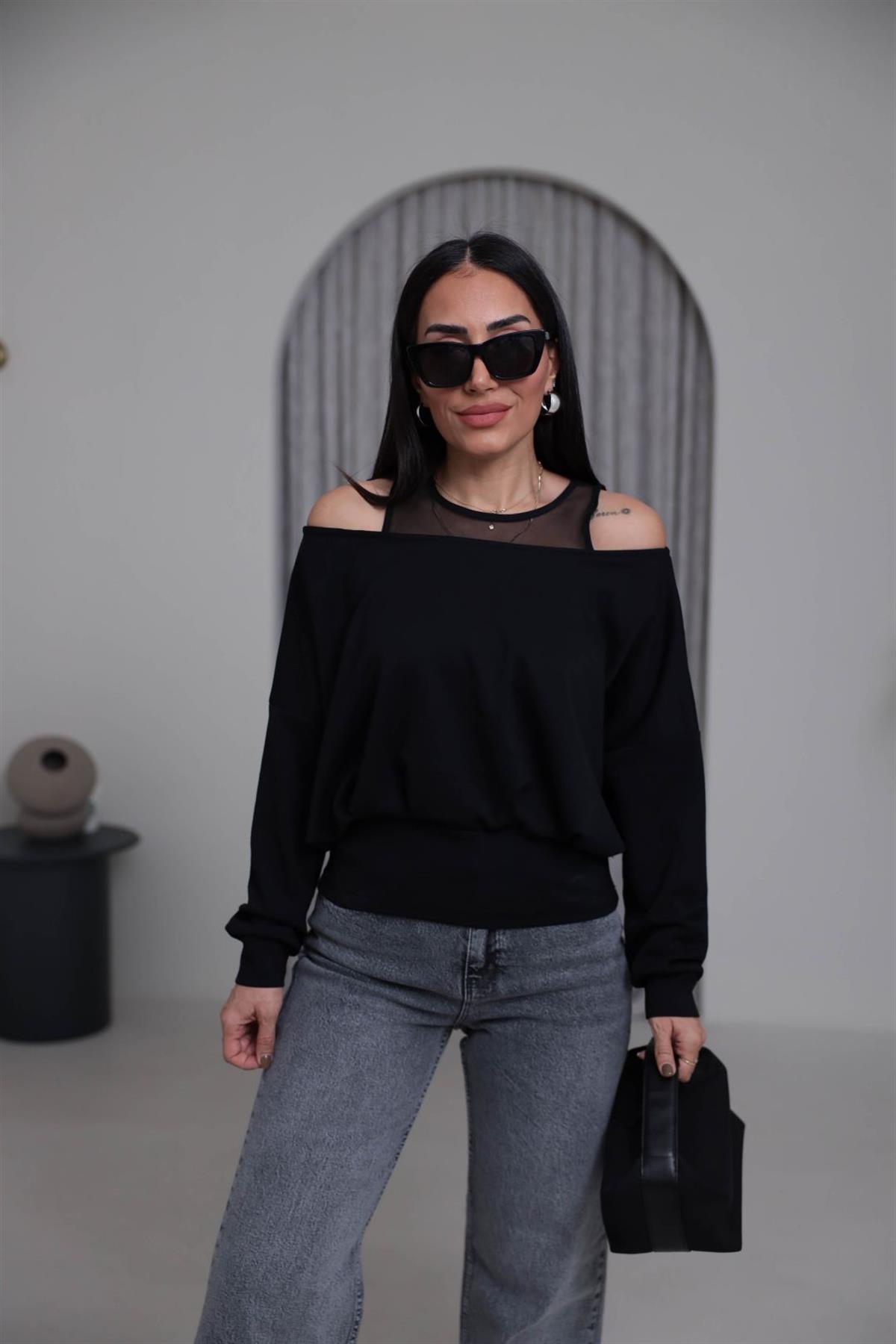 6710 Kol Dekolteli Tül Detaylı Bluz SİYAH