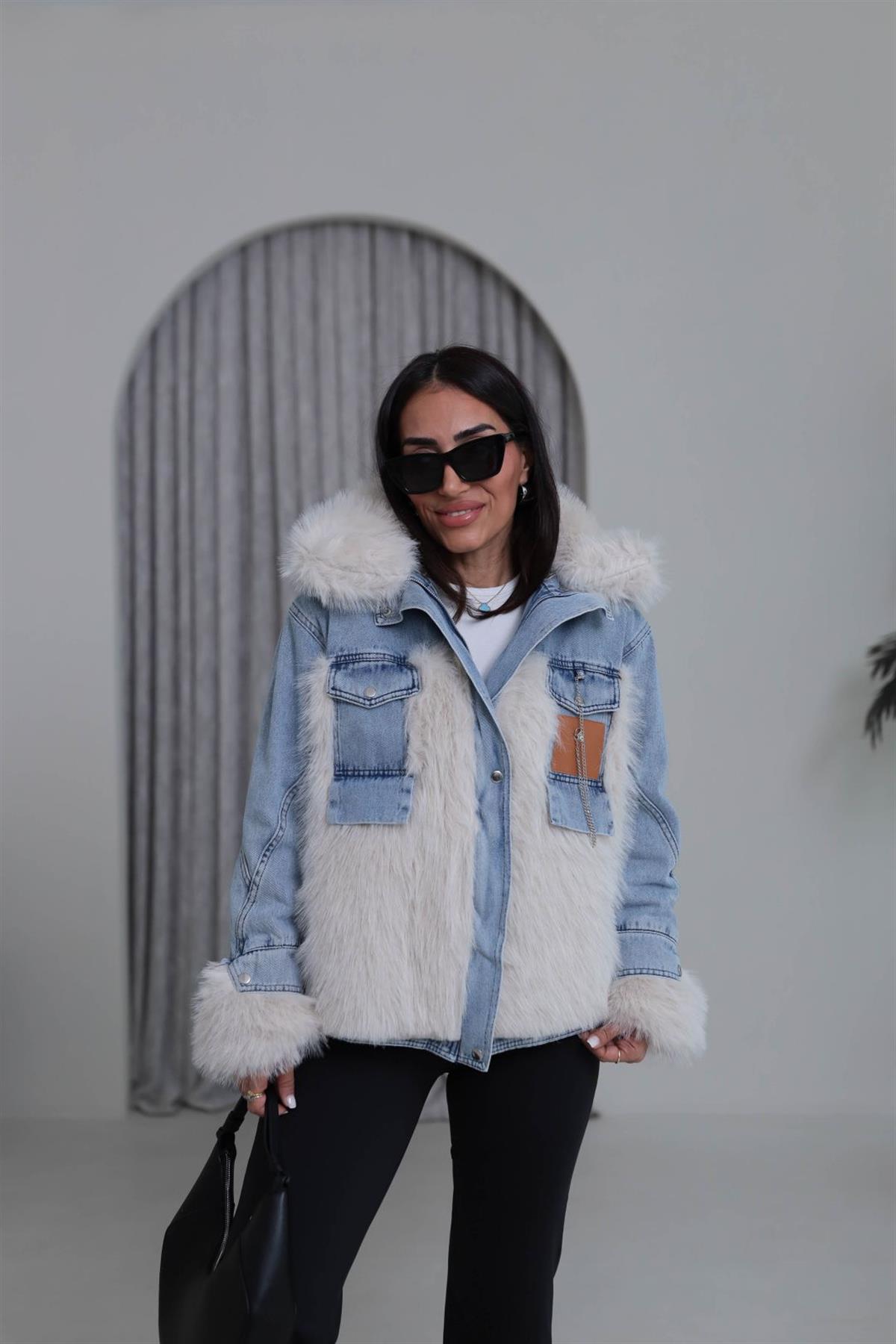 2726 Kürk Garnili Kot Detaylı Mont EKRU