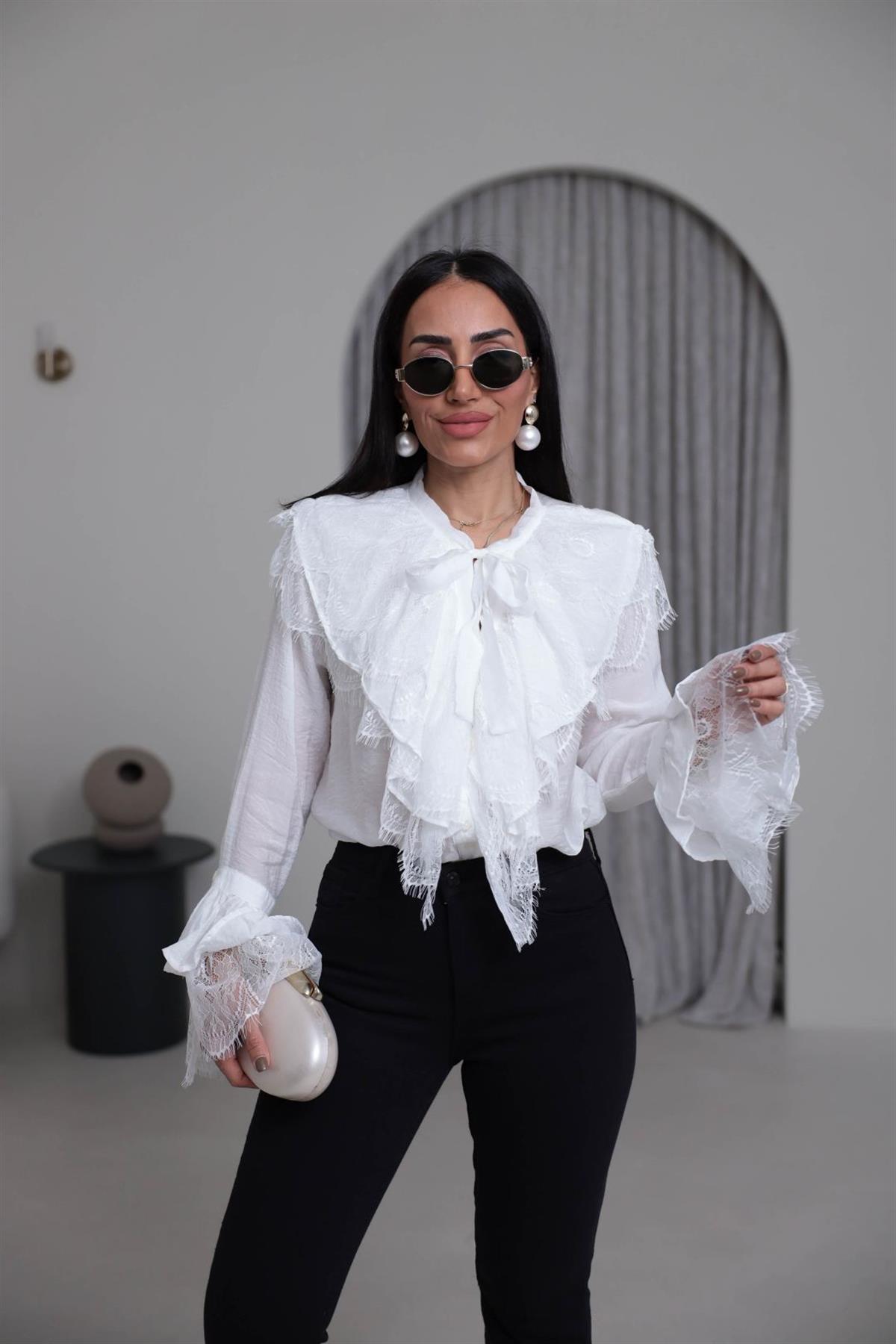 4512 Güpür Detaylı Önden Bağlamalı Gömlek BEYAZ