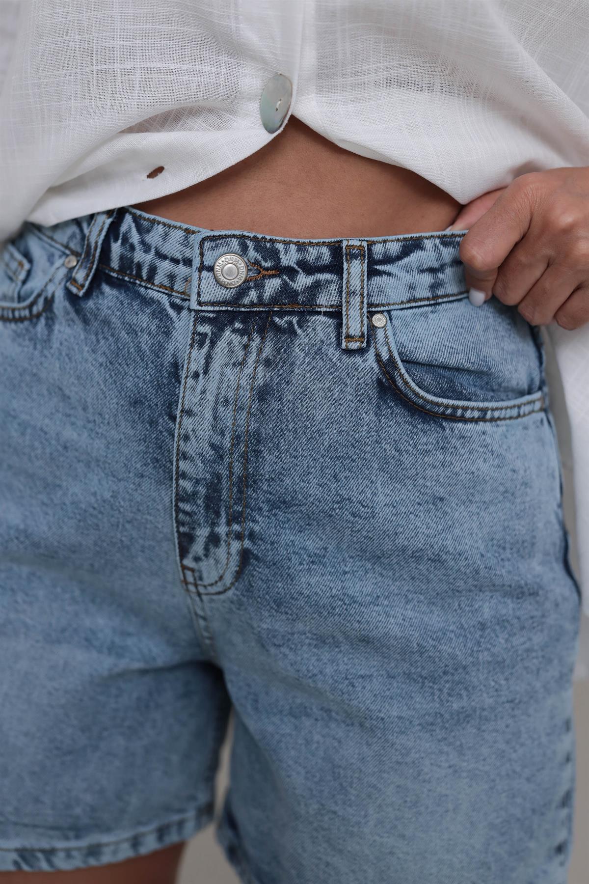 3529 Yüksek Bel Düz Kesim Denim Şort MAVİ