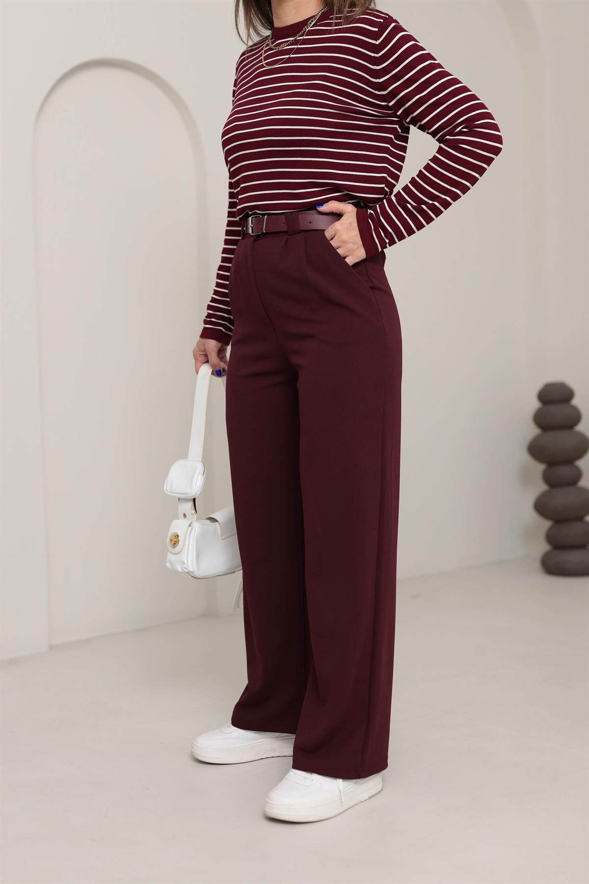 3851 Çift Pile Detaylı Kemerli Palazzo Pantolon BORDO
