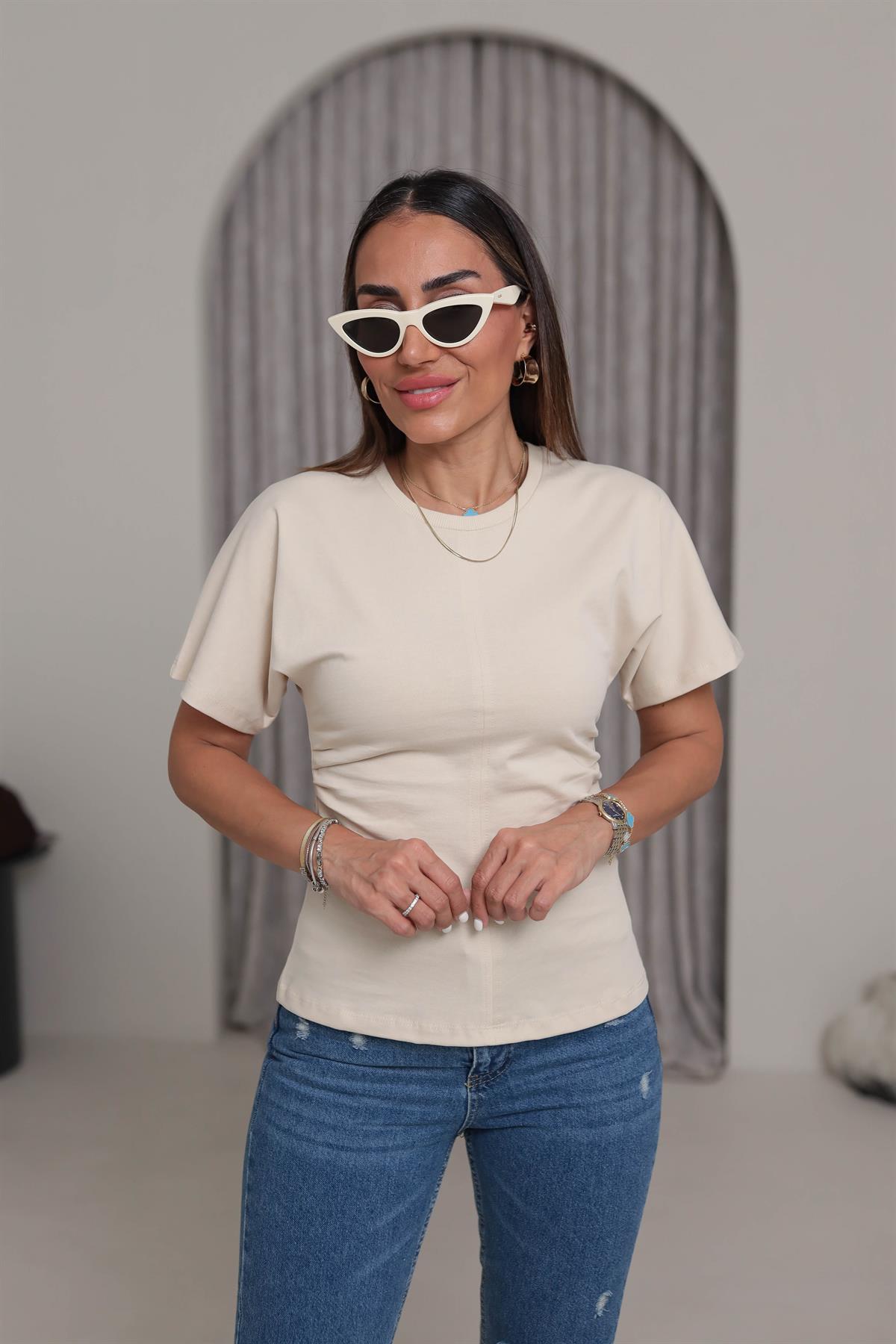 1585 Drape Detay Pamuklu Tshirt TAŞ