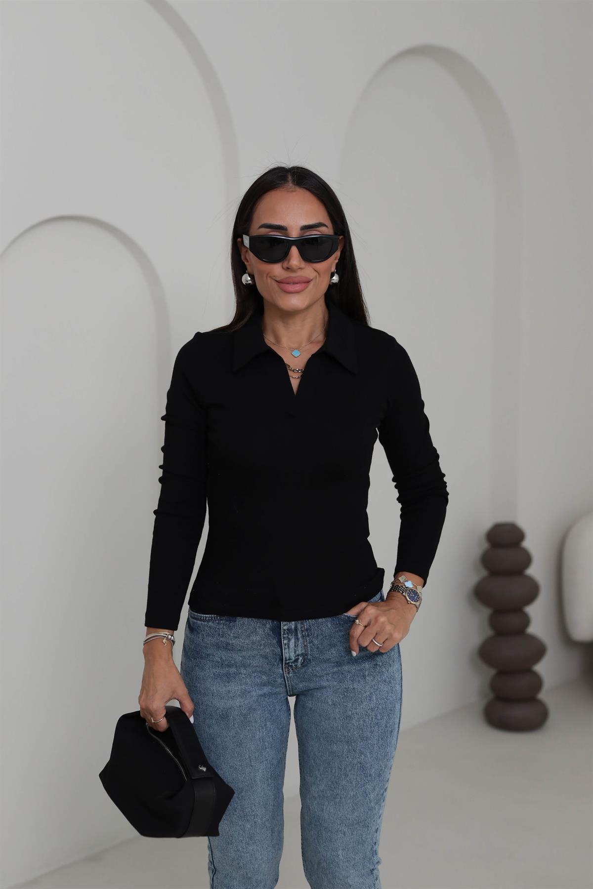 0626 Polo Yaka Uzun Kol Likralı Bluz SİYAH