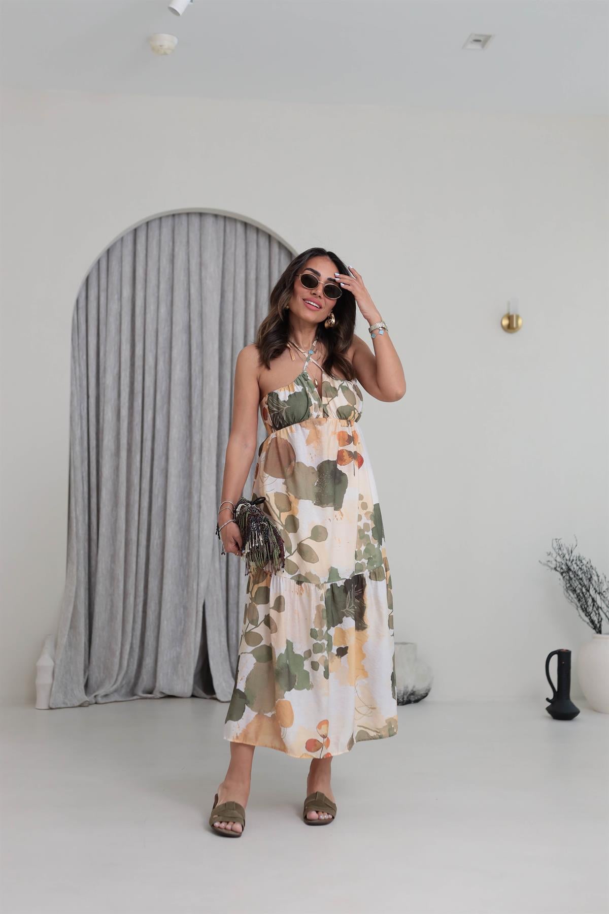 3771 Boyundan Bağlamalı Midi Elbise HAKİ YEŞİL