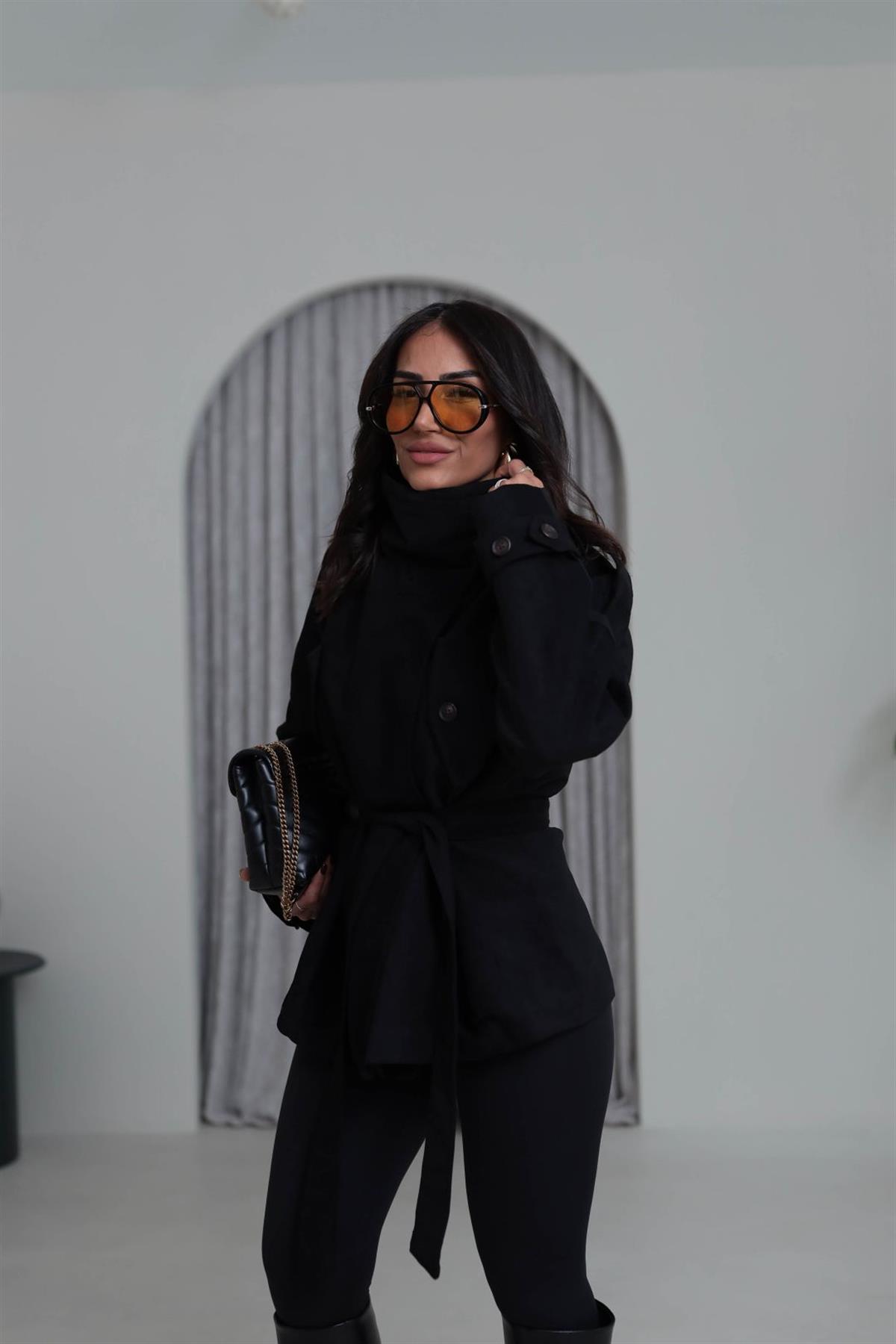 0572 Dik Yaka Apoletli Süet Mont SİYAH