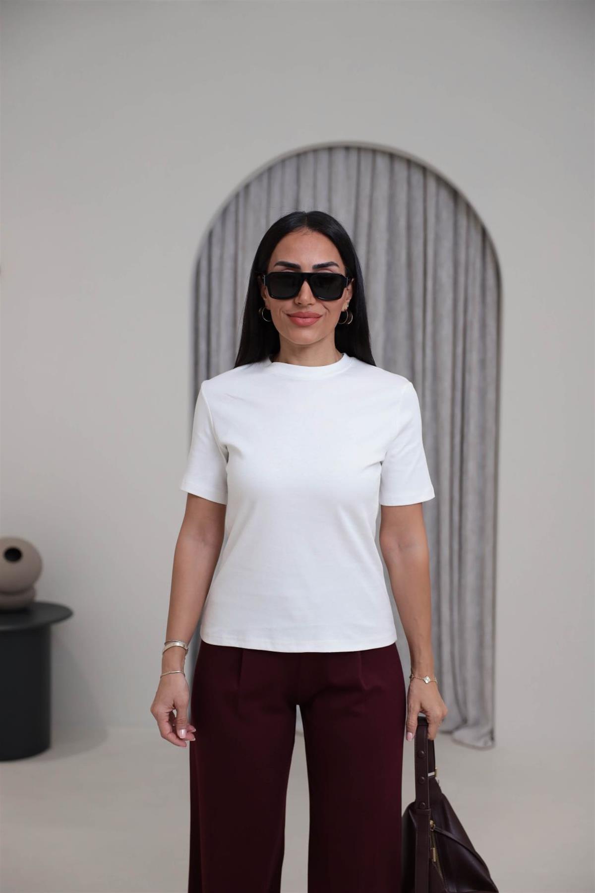 1075 Bisiklet Yaka Pamuklu Basic Tshirt EKRU