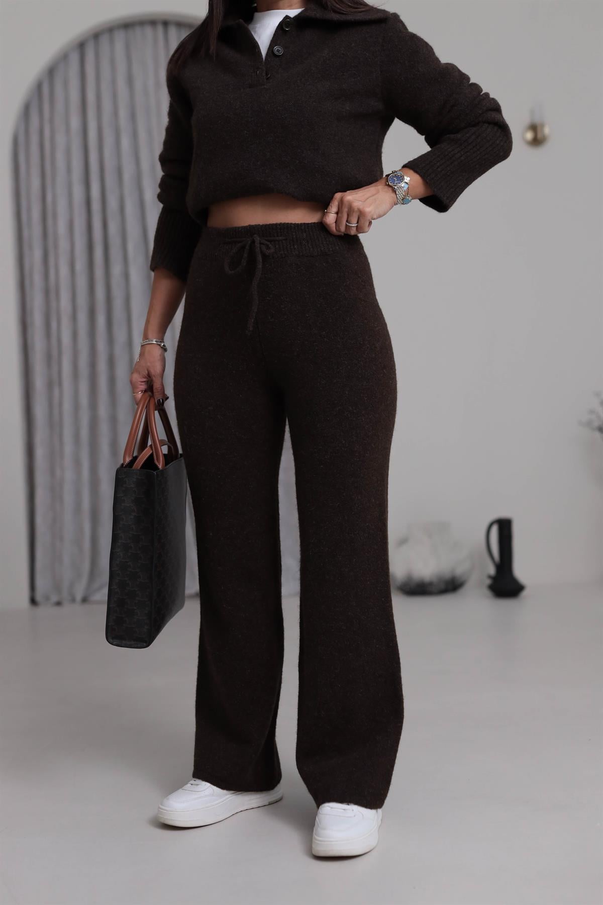 5051 Bağcıklı Triko Pantolon ACI KAHVE