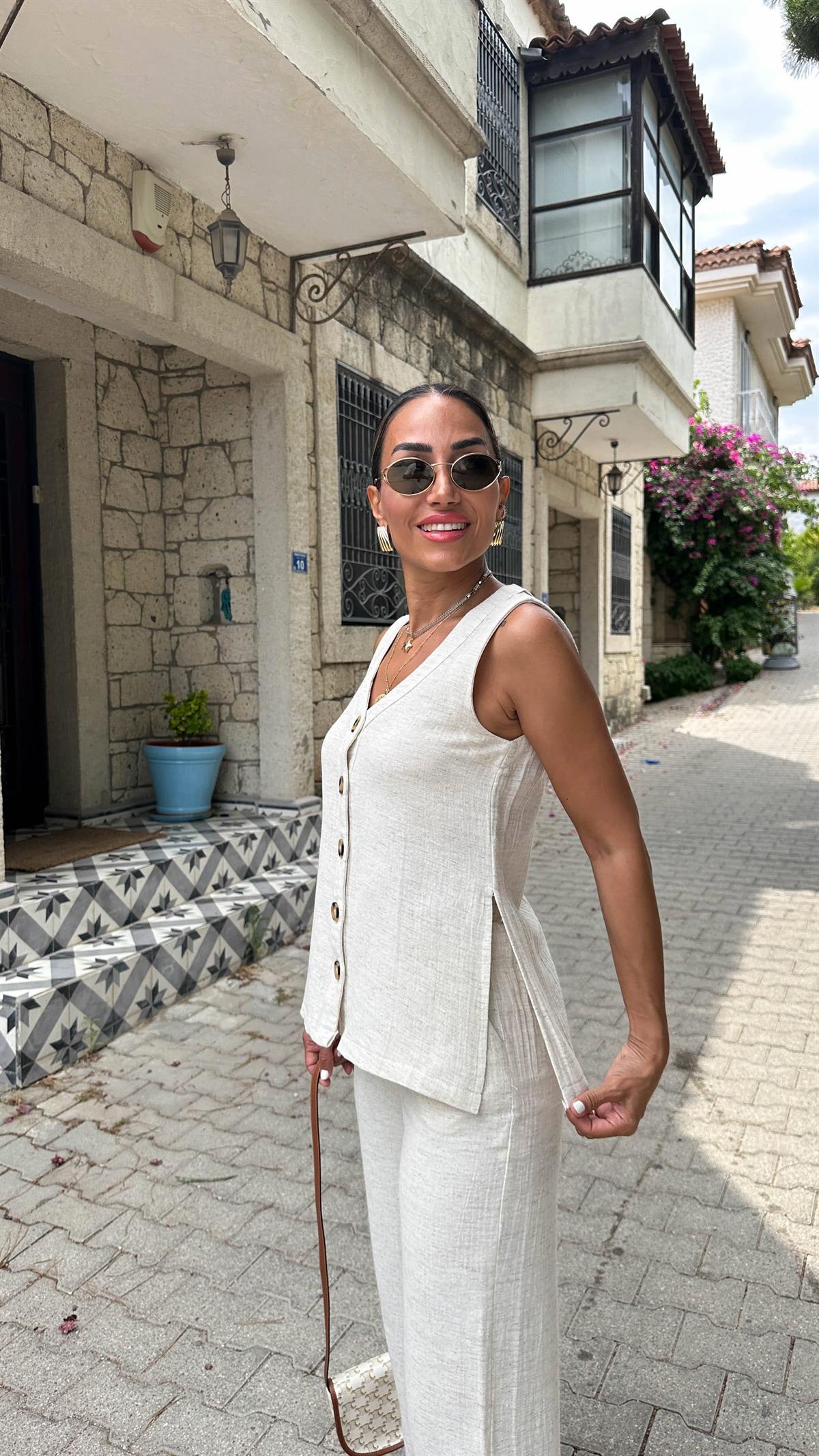 6335 Keten Önü Düğmeli Yelek