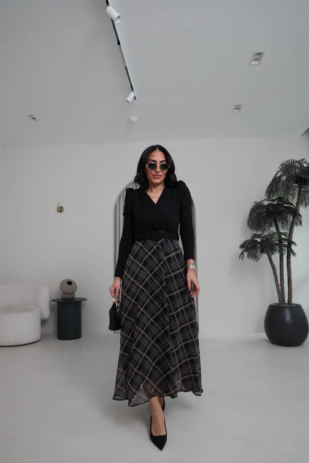 3860 Kruvaze Yaka Kemerli Maxi Elbise SİYAH