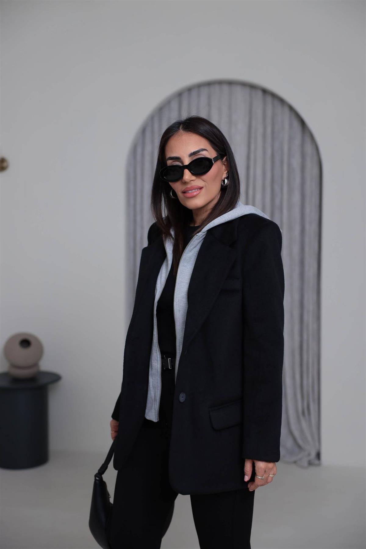 8733K Penye Kapşonlu Kaşe Ceket SİYAH