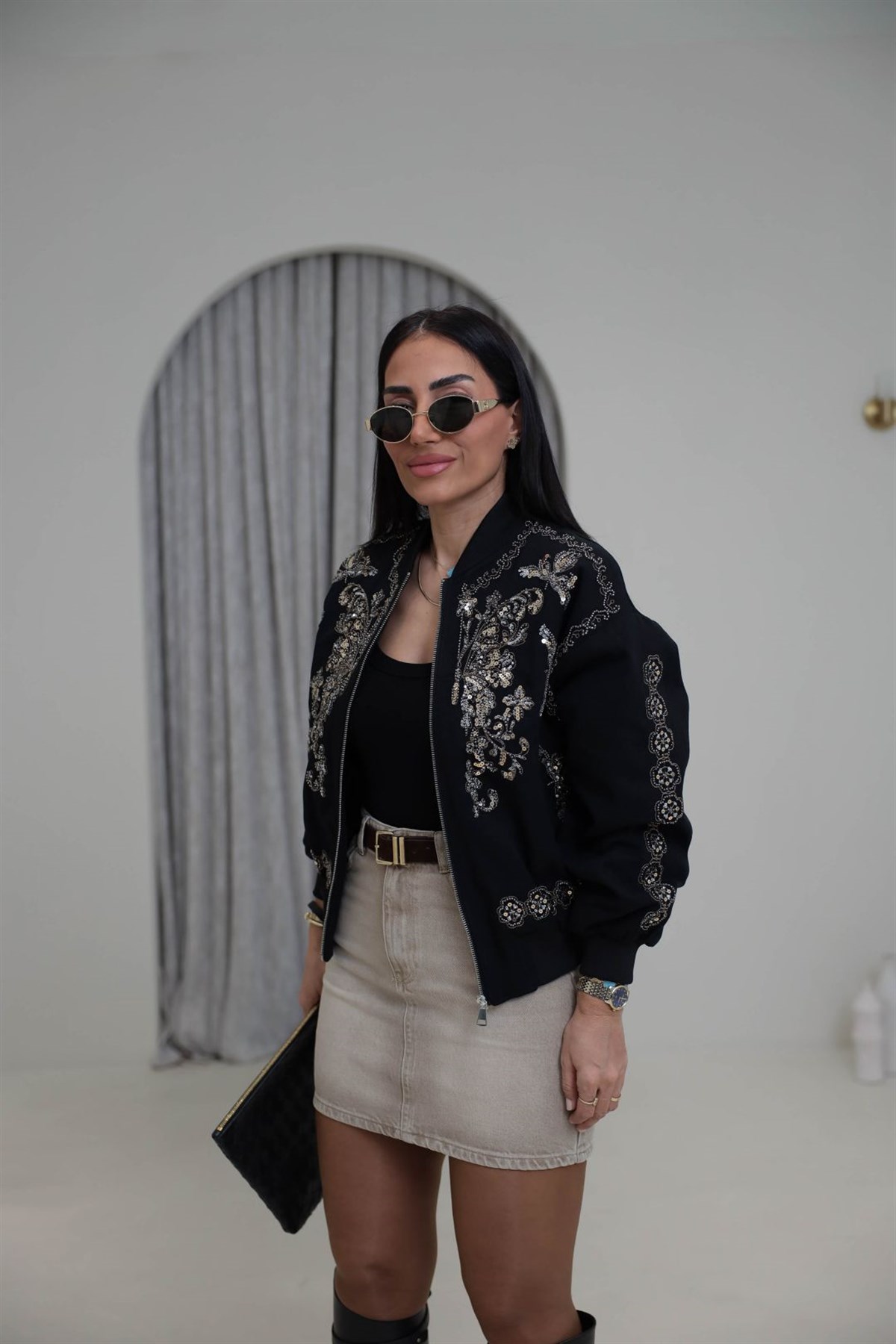 9928 Pul ve Boncuk İşlemeli Bomber Ceket SİYAH