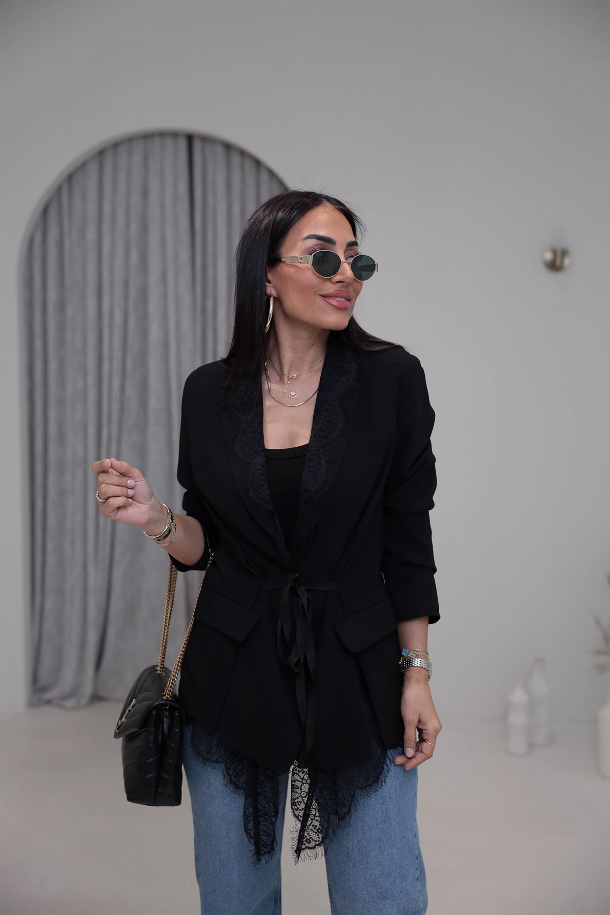 7241 Kuşaklı Dantel Detaylı Blazer Ceket SİYAH